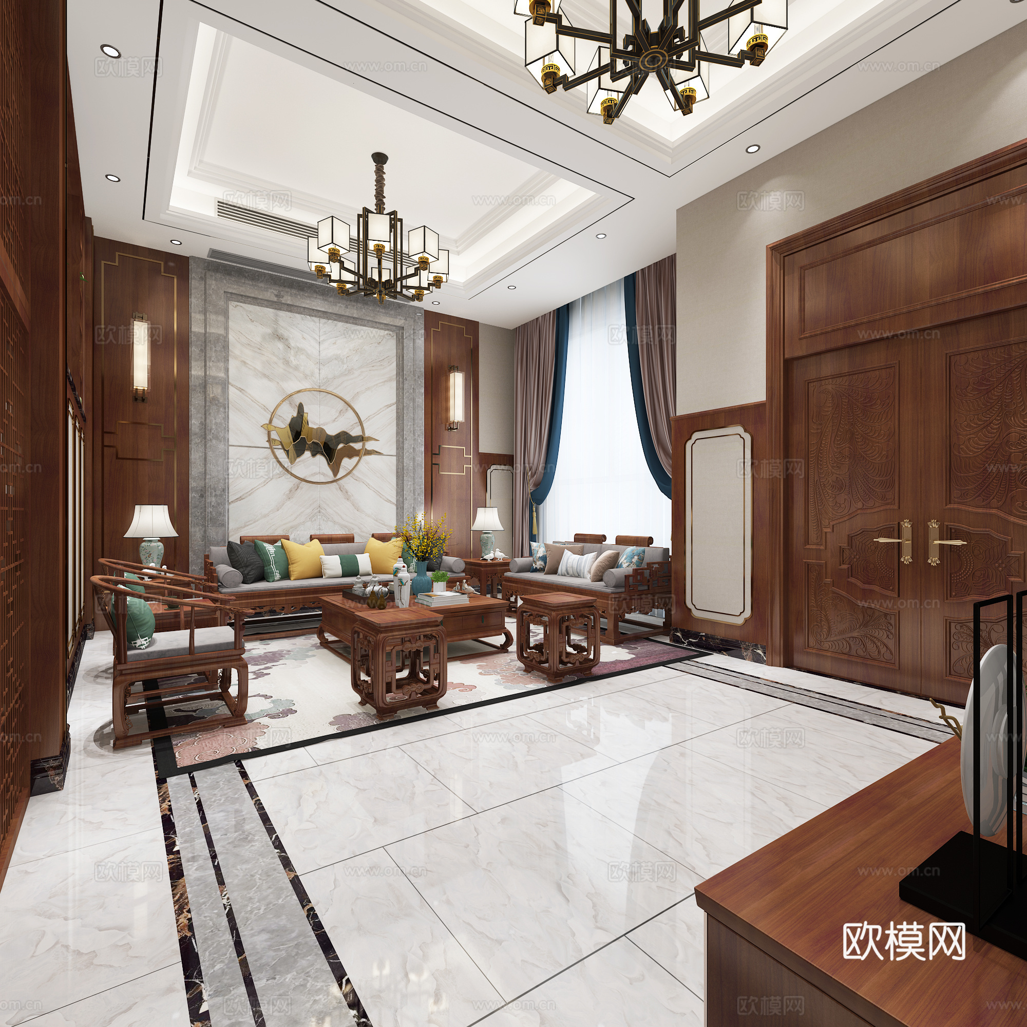 新中式客餐厅 餐桌椅 沙发茶几 吊灯 桌面摆件 挂画3d模型