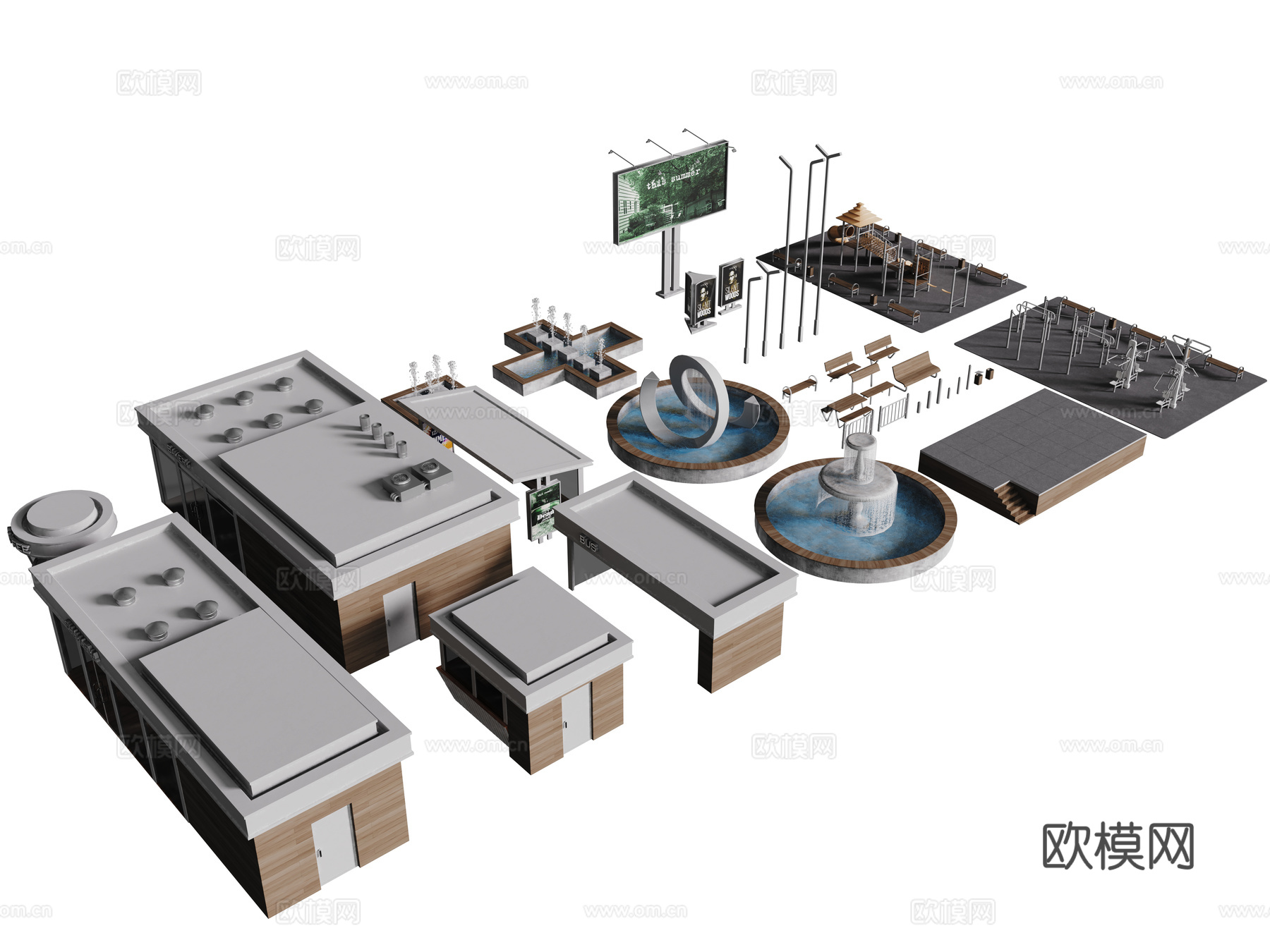 现代户外构建组合 喷泉 户外椅 广告牌 游乐设施3d模型