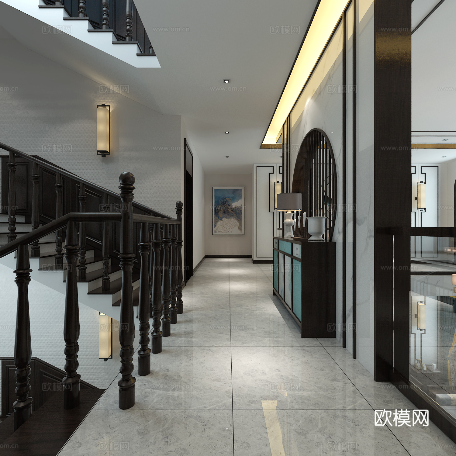 新中式别墅客厅餐厅 茶几 吊灯 挂画 饰品 装饰柜 鼓凳3d模型