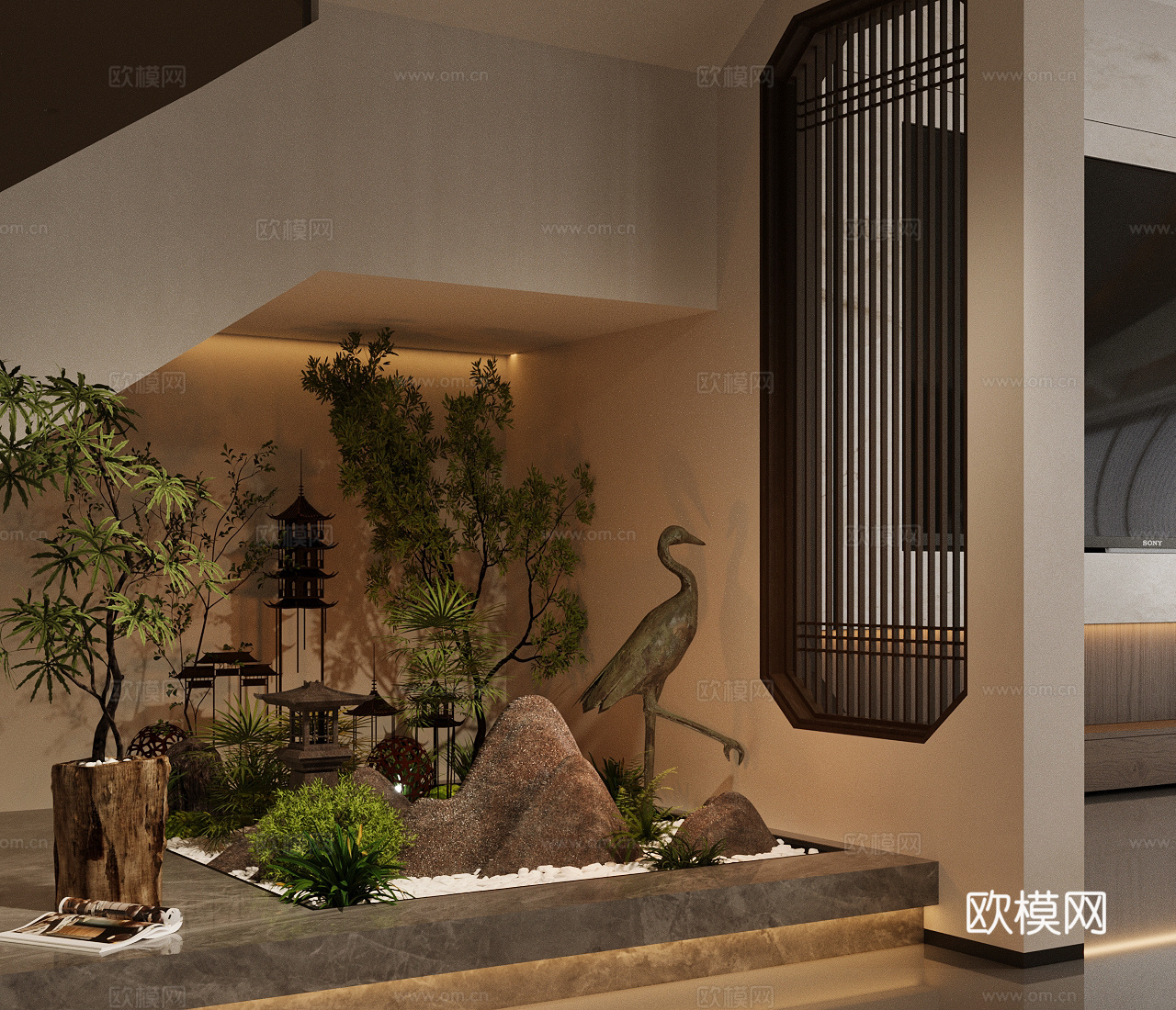 新中式禅意室内景观 新中式景观造景 仙鹤雕塑 中式楼梯间造景3d模型
