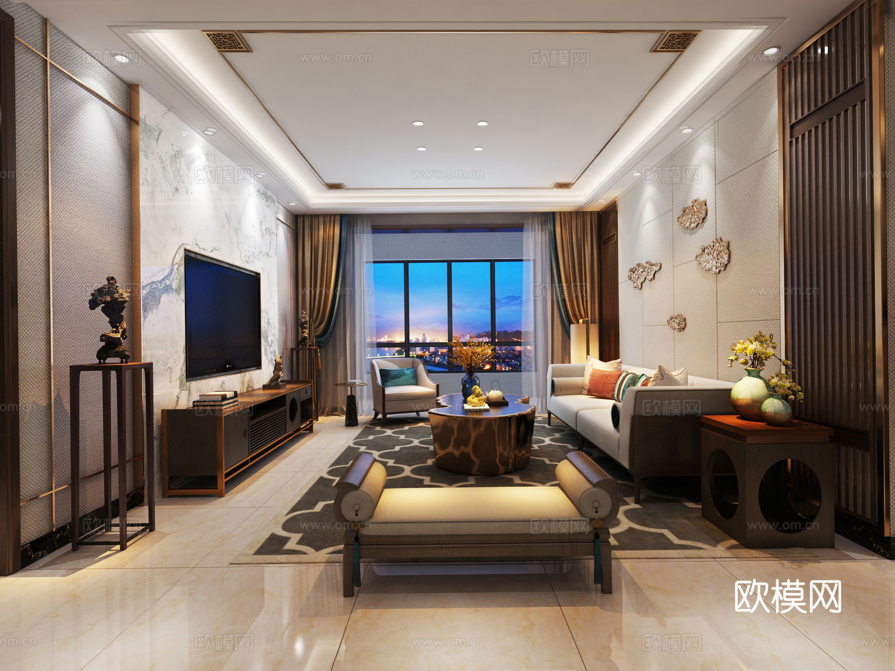 新中式客厅 沙发 茶几 电视柜3d模型