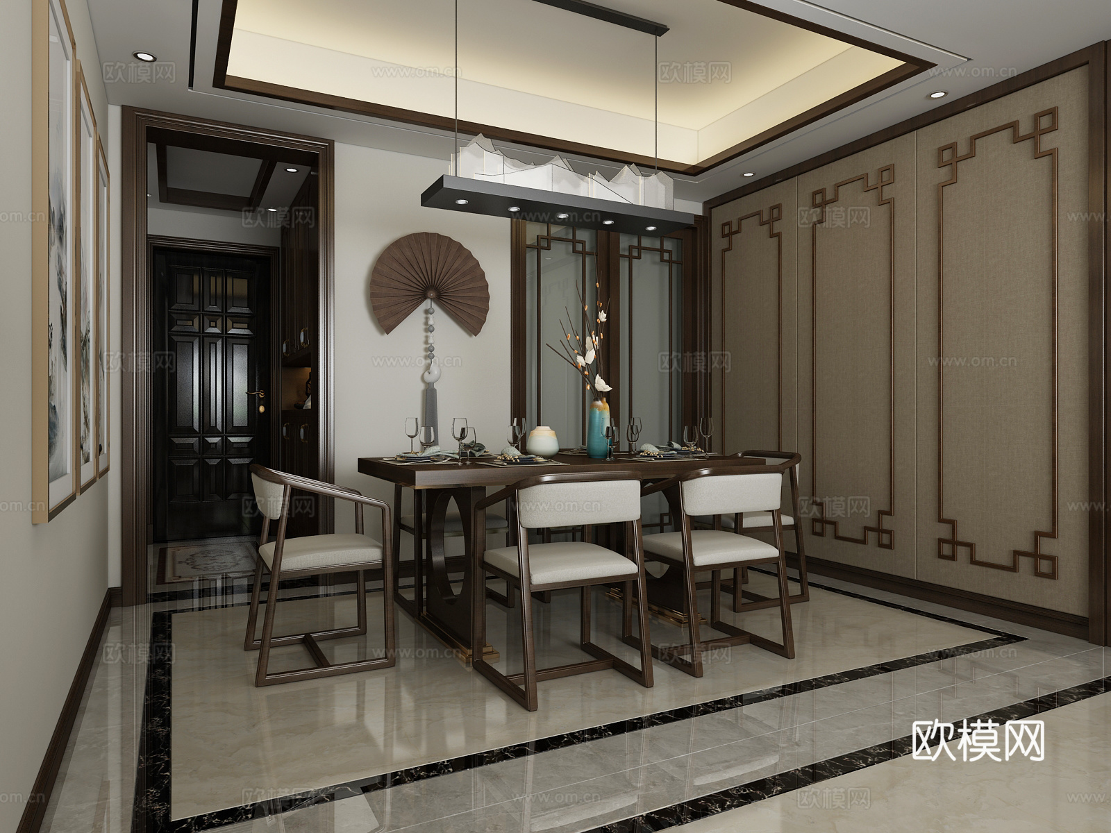 新中式客厅餐厅 吊灯 挂画 沙发 茶几3d模型