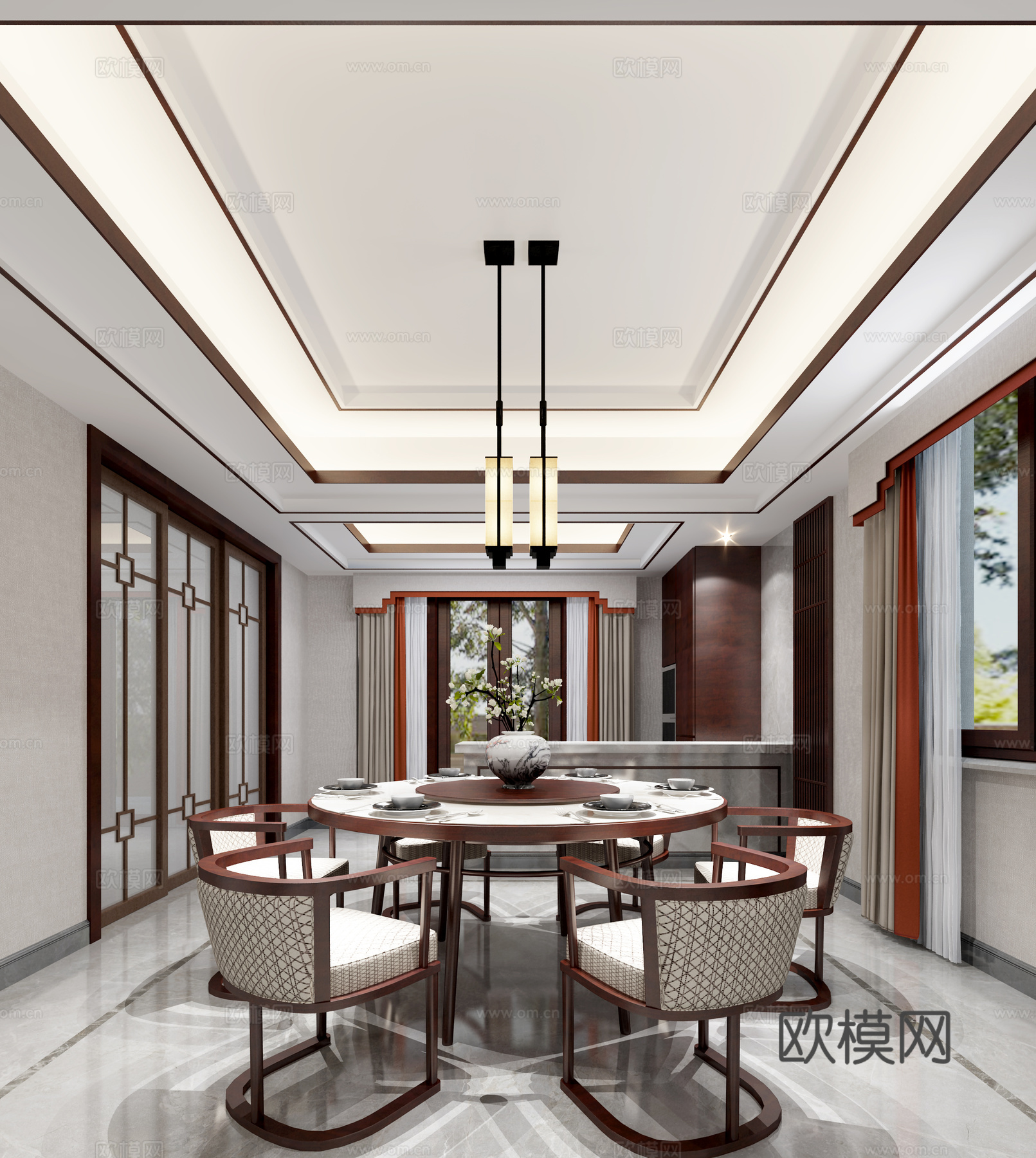 新中式客厅新中式餐厅 餐桌椅 吊灯3d模型