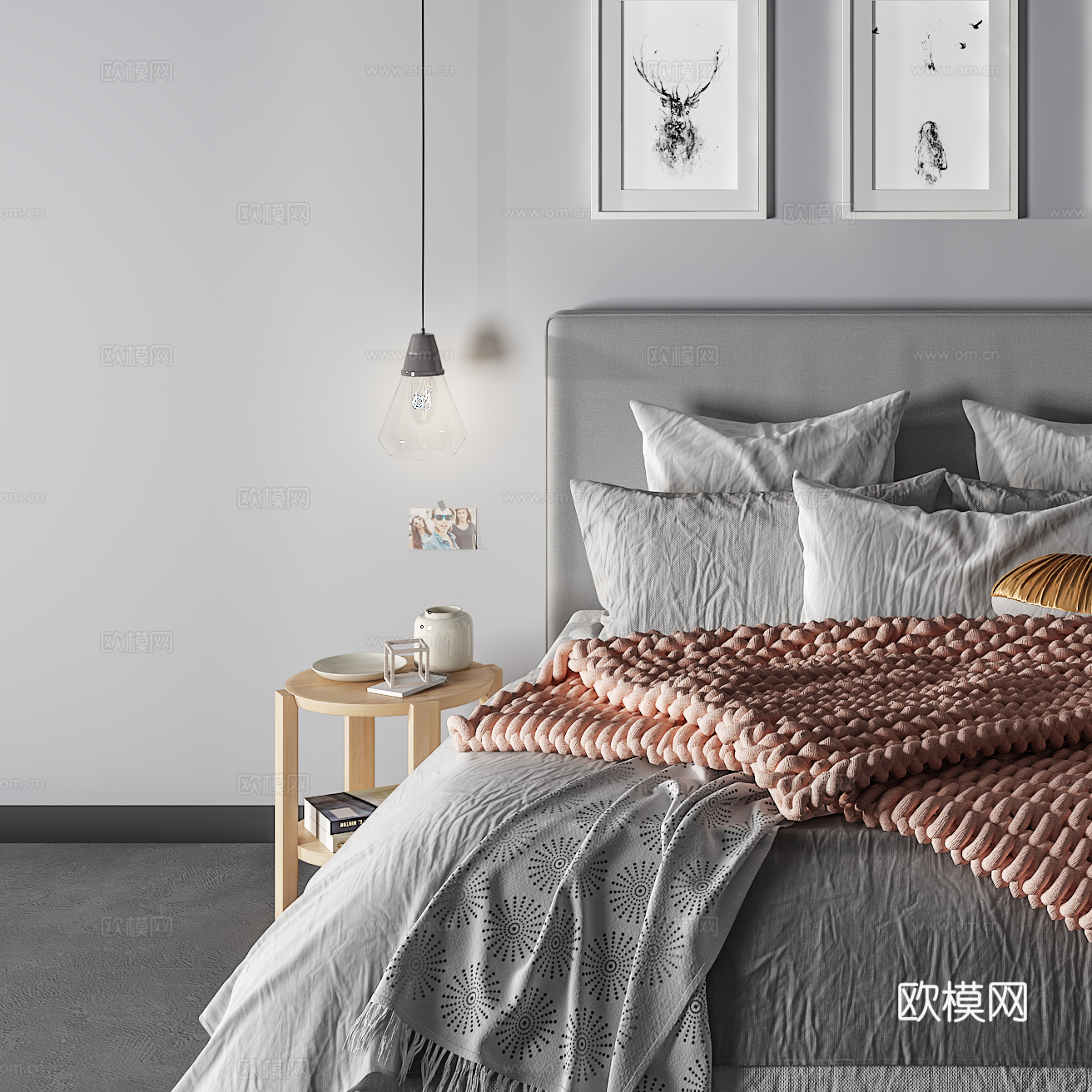 现代双人床 抱枕 吊灯 挂画3d模型