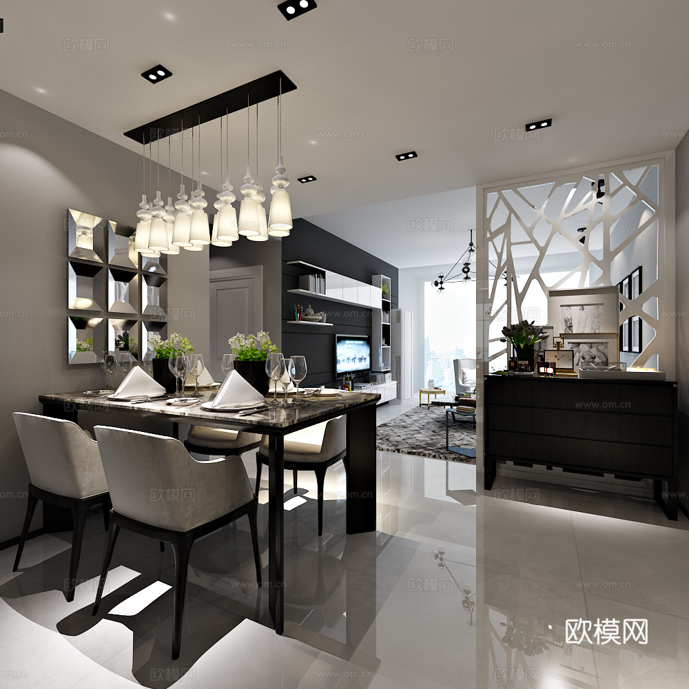 现代客厅 沙发茶几 电视柜 餐厅3d模型