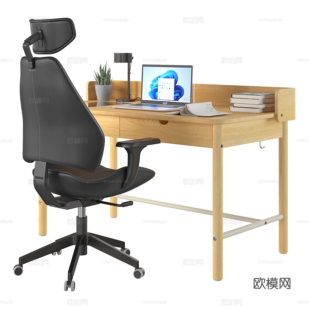 现代北欧原木风书桌椅3d模型