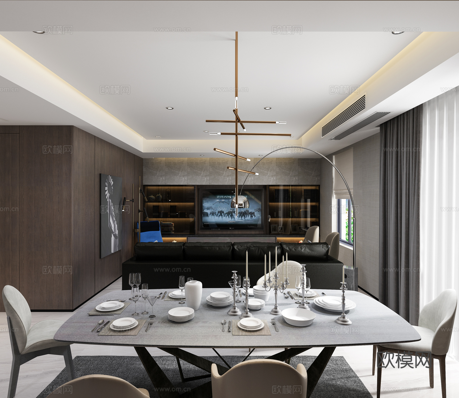 现代客厅 吊灯 餐桌 沙发 玄关 卧室3d模型