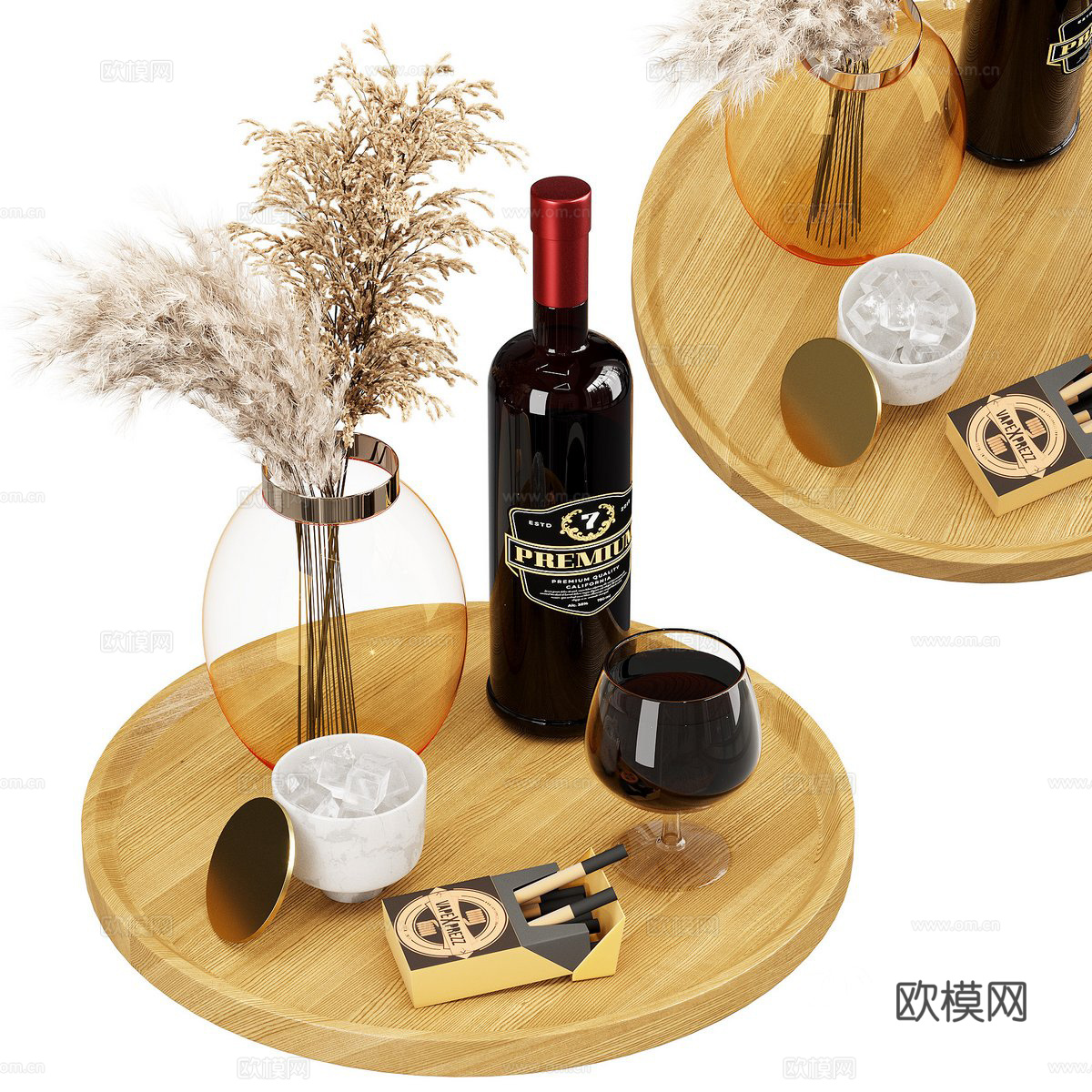 红酒 酒杯 托盘 香烟3d模型