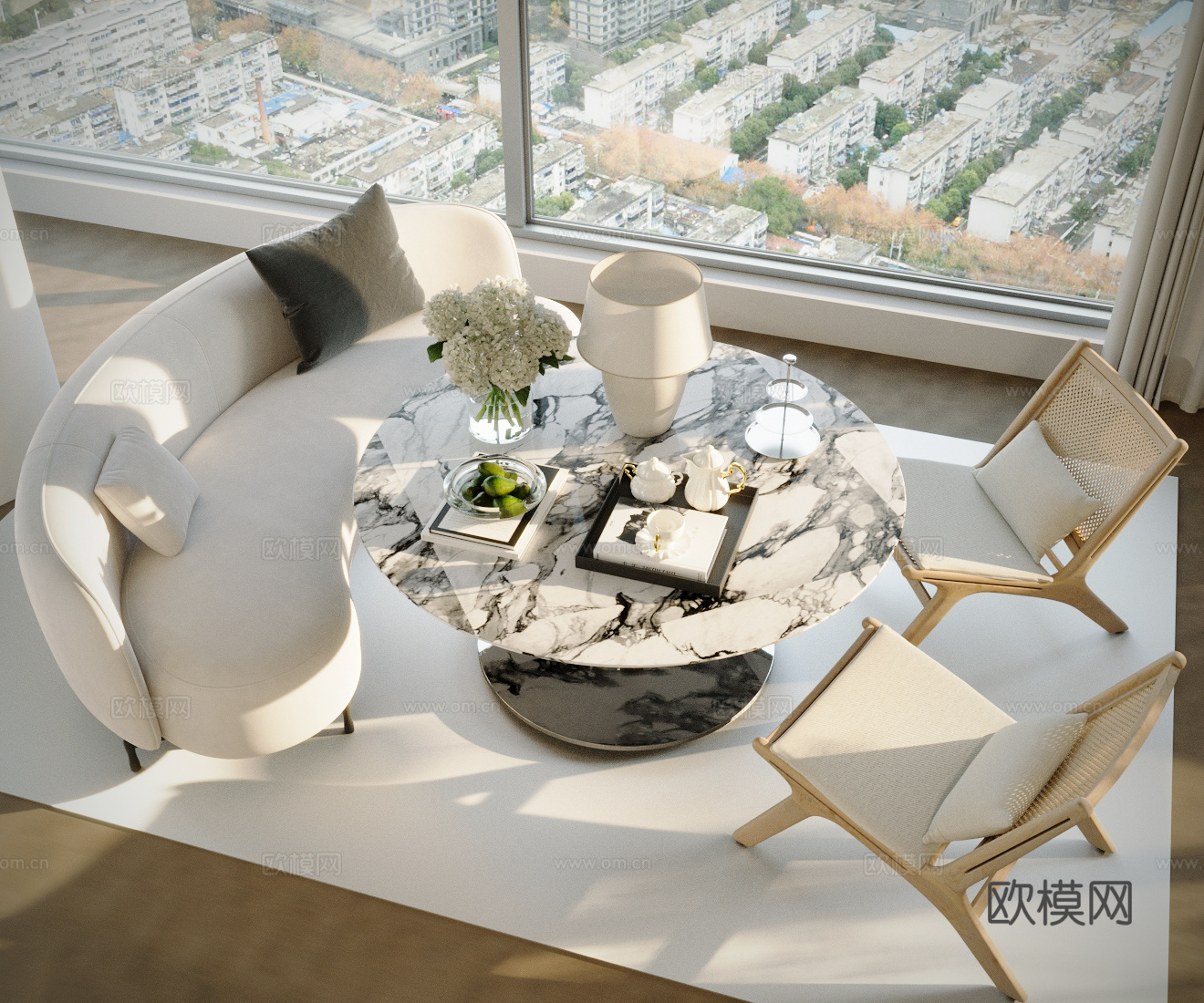 现代沙发组合 布艺沙发 沙发茶几组合 原木风休闲椅 三人沙发3d模型