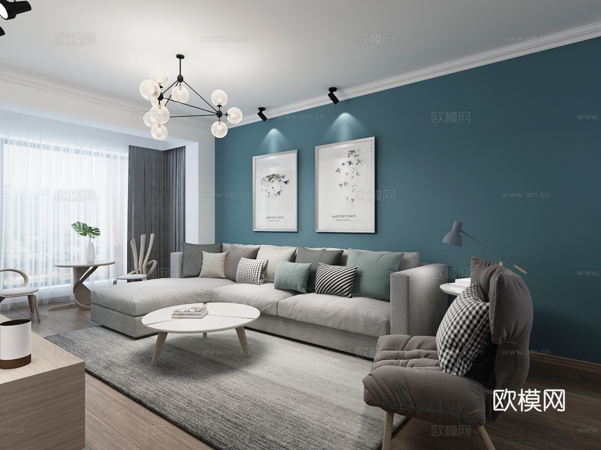 北欧客厅 沙发茶几 吊灯 挂画 餐厅3d模型
