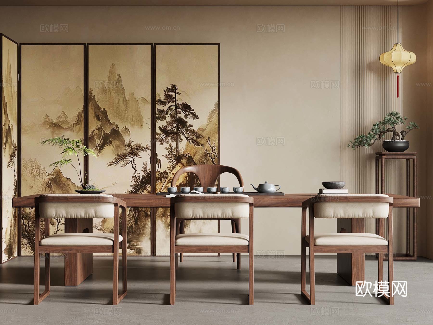 新中式茶桌椅 屏风 吊灯 灯笼3d模型