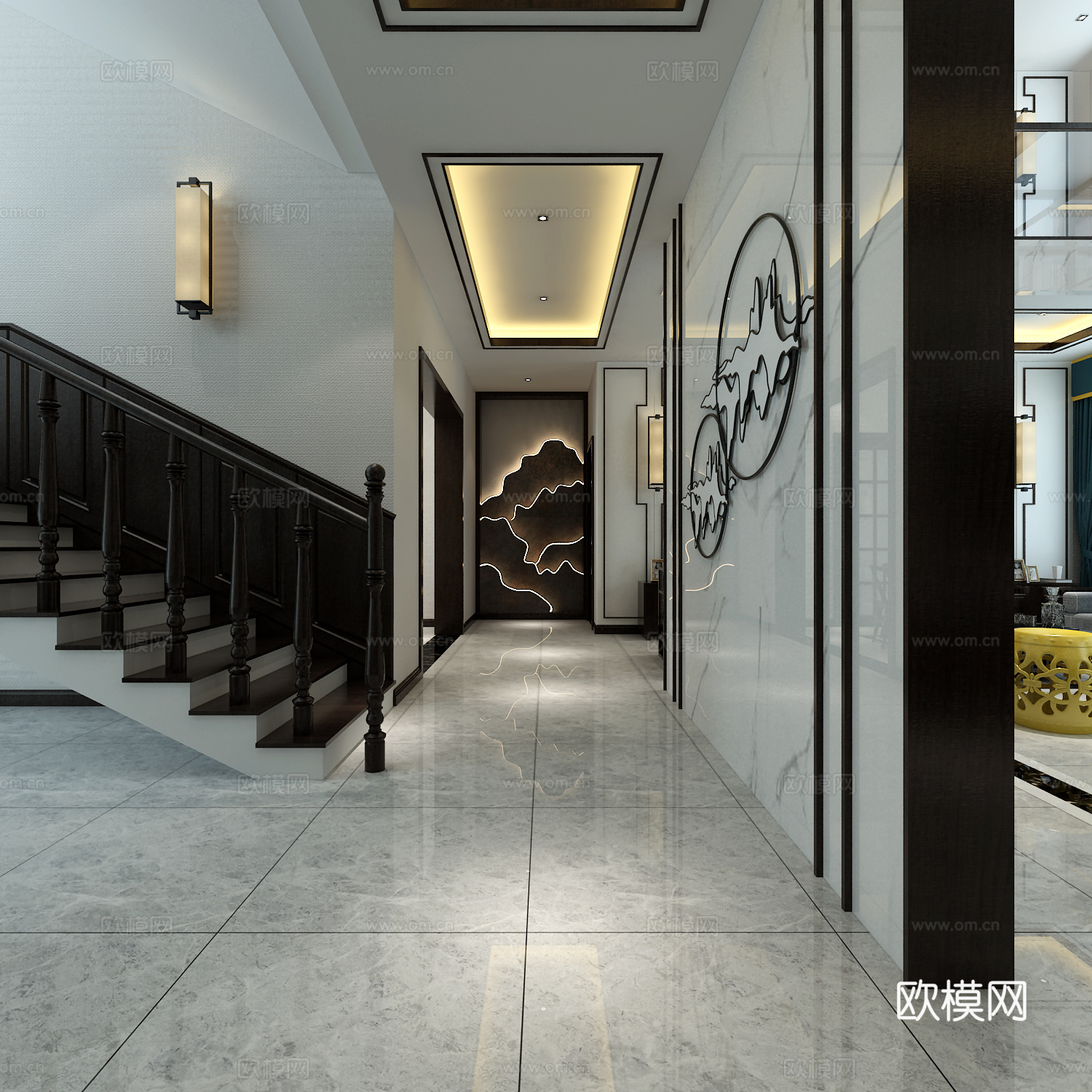 新中式别墅客厅餐厅 茶几 吊灯 挂画 饰品 装饰柜 鼓凳3d模型