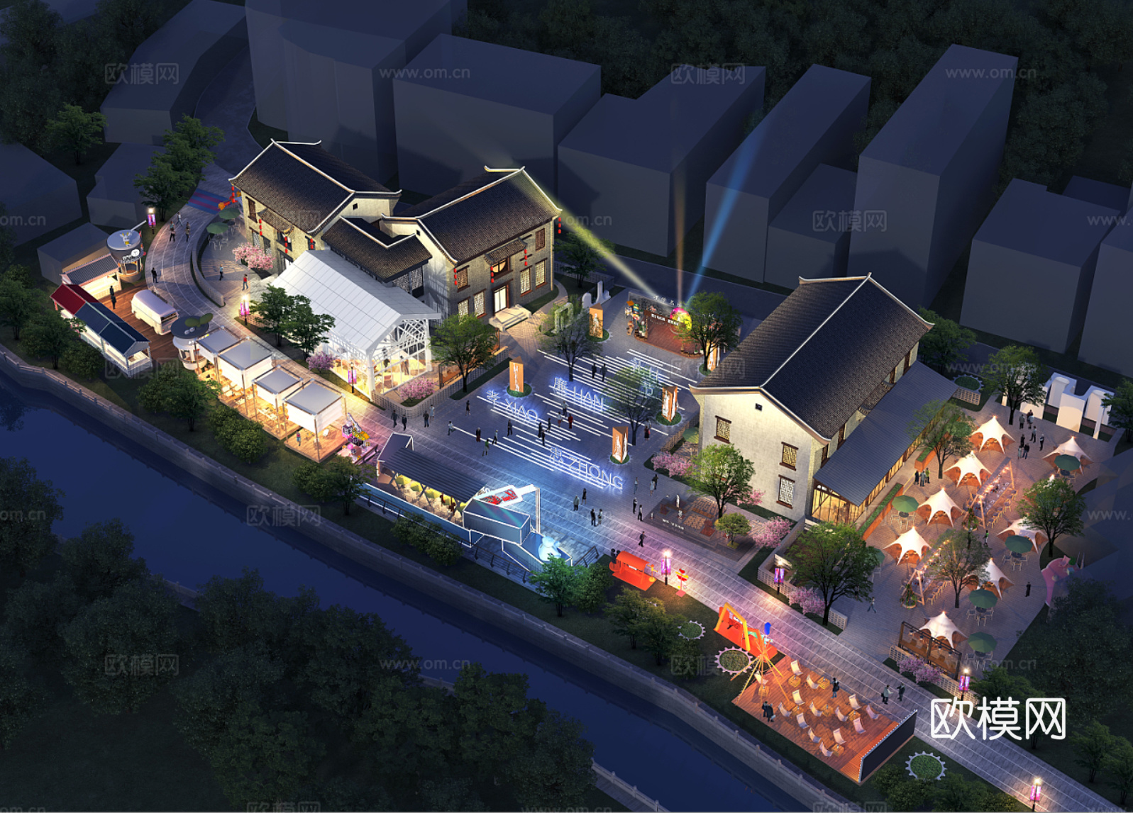 现代 中式 古建 商业街 夜景3d模型