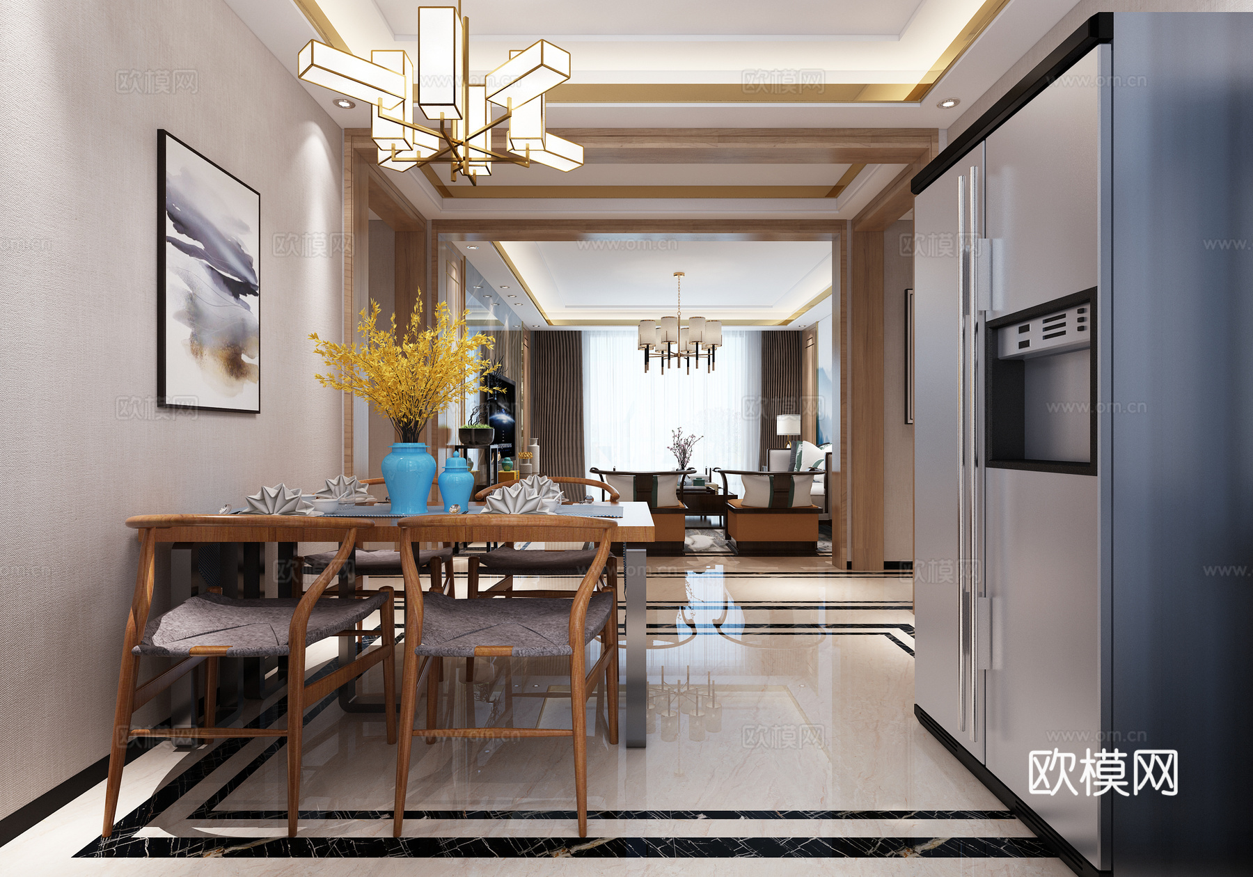 新中式客厅 沙发 茶几 吊灯 电视柜 边柜 餐桌椅3d模型