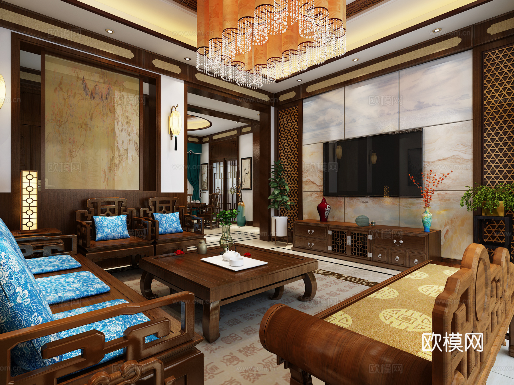 古典中式客餐厅 餐桌椅 吊灯 挂画3d模型