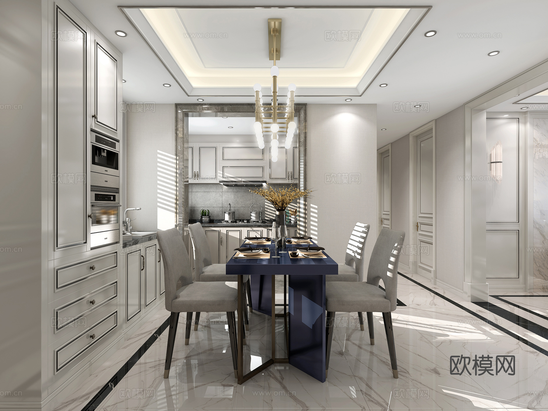 现代客厅 餐厅 沙发茶几 吊灯 桌面摆件 挂画3d模型