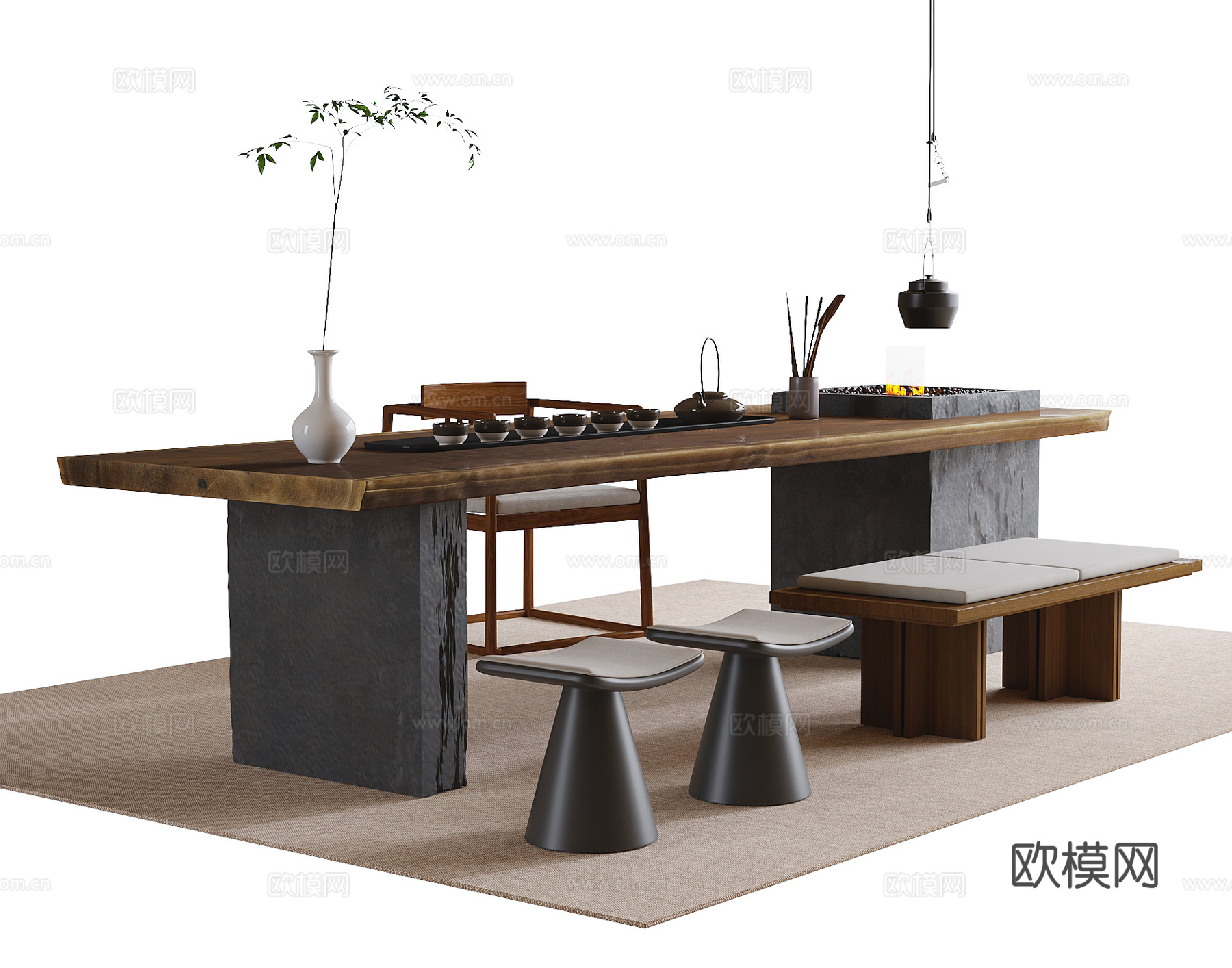 现代茶桌椅 茶椅 茶具 凳子su模型