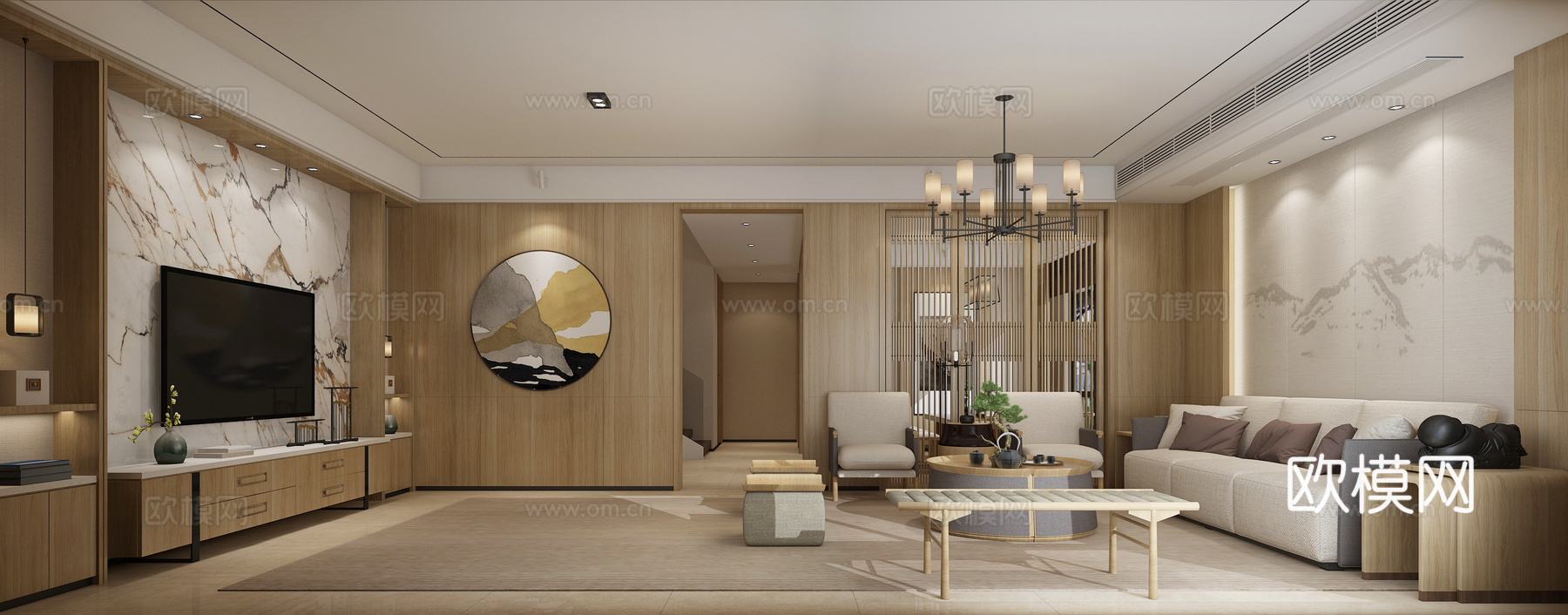 新中式客厅餐厅 吊灯 挂画 沙发 茶几 餐桌椅 楼梯3d模型