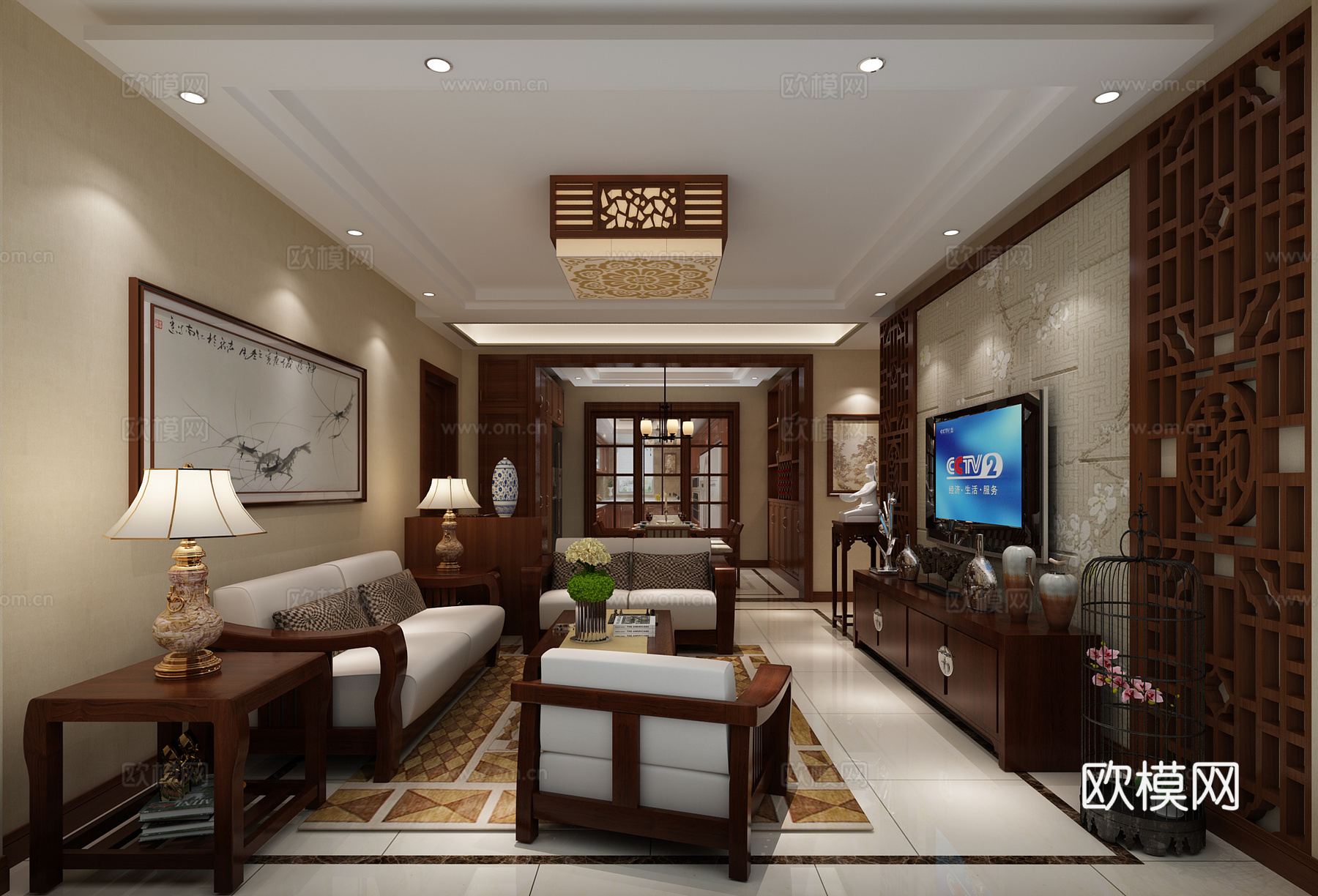 中式客厅 餐桌椅 沙发茶几 吊灯 桌面摆件 挂画3d模型