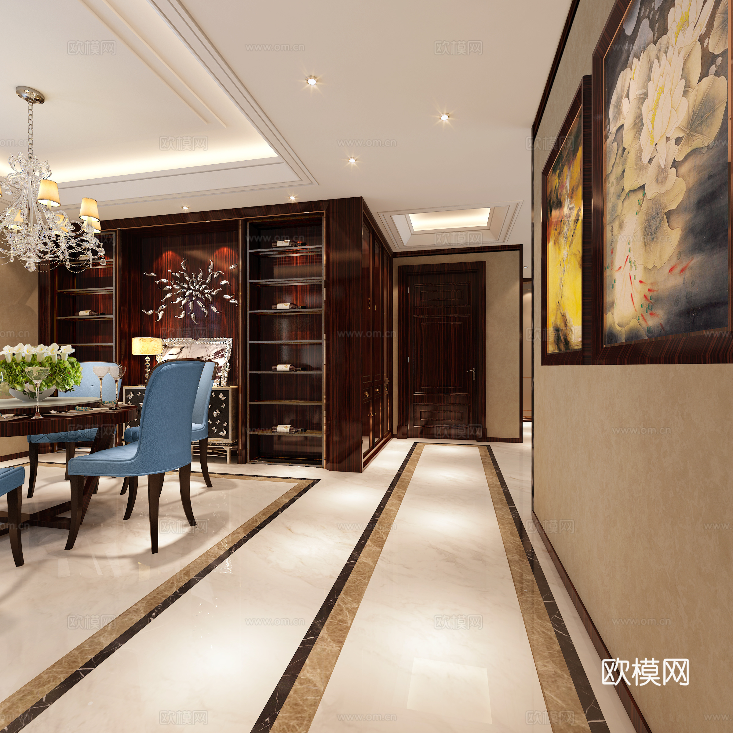 现代客厅 沙发茶几 吊灯 电视柜 餐厅 餐桌椅 厨房3d模型