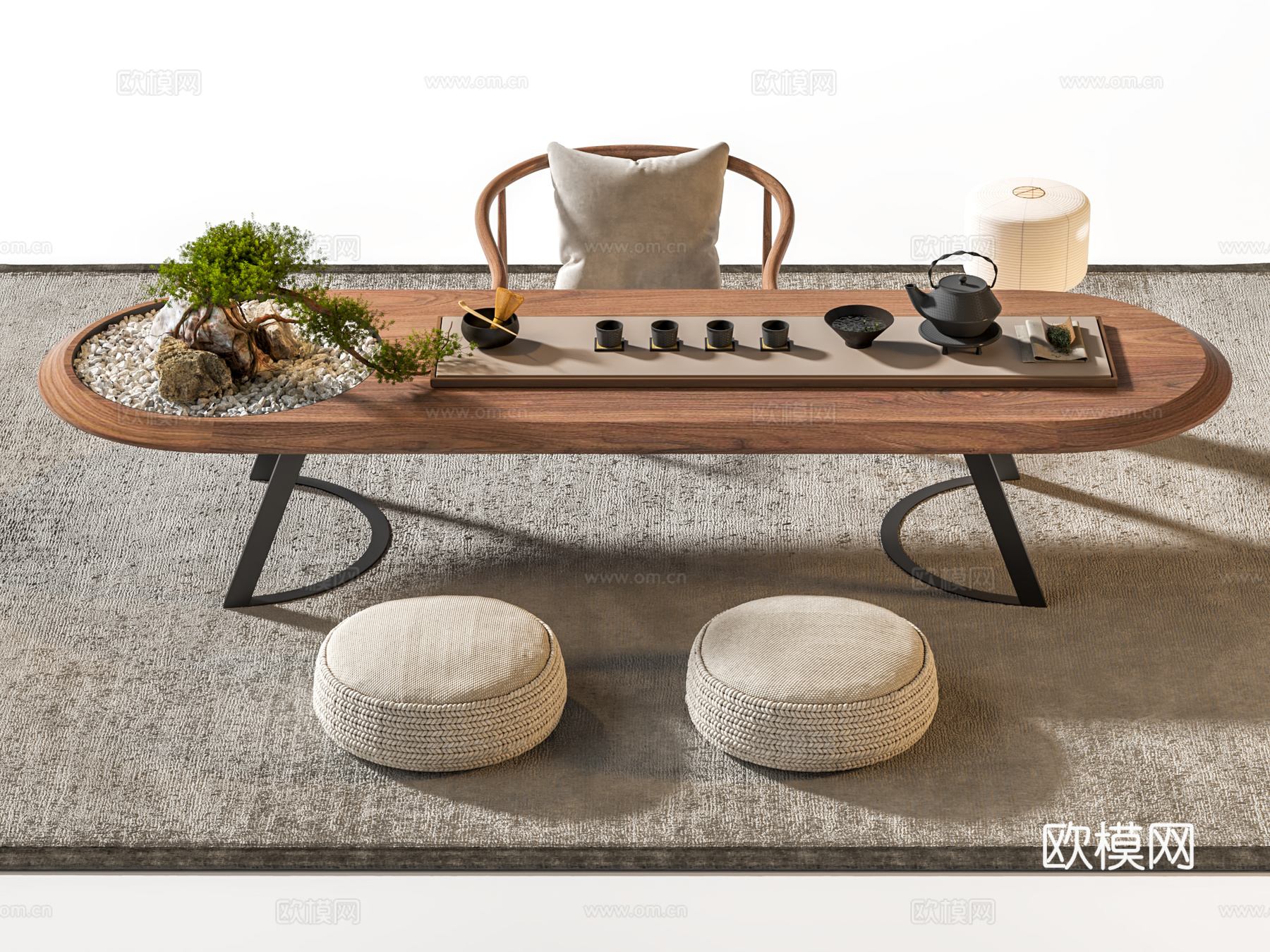 日式踏上茶桌椅 榻榻米茶桌椅 茶具 榻榻米茶椅 蒲团坐垫 茶3d模型