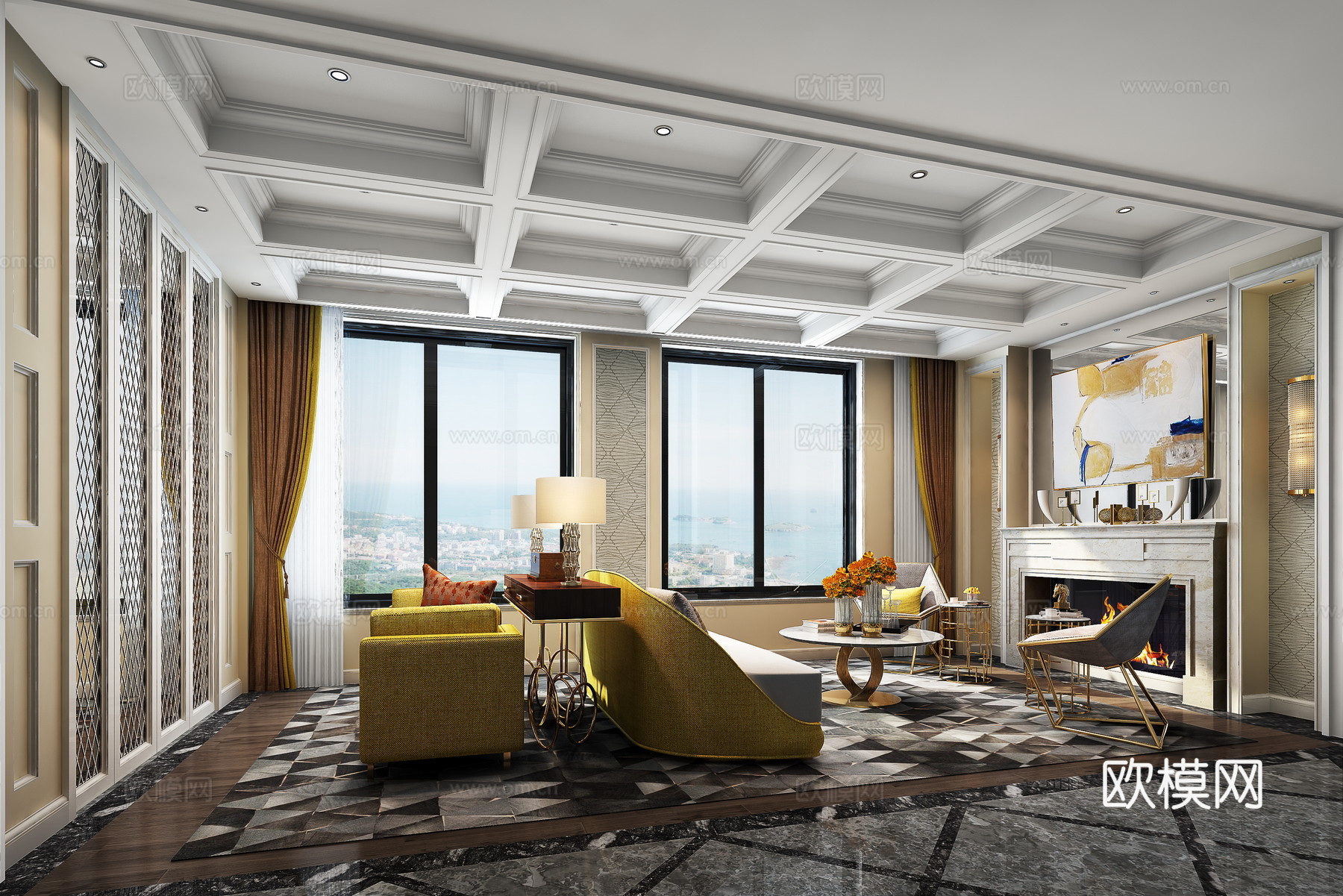 简欧客厅 餐厅 餐桌 沙发 窗帘 沙发茶几3d模型