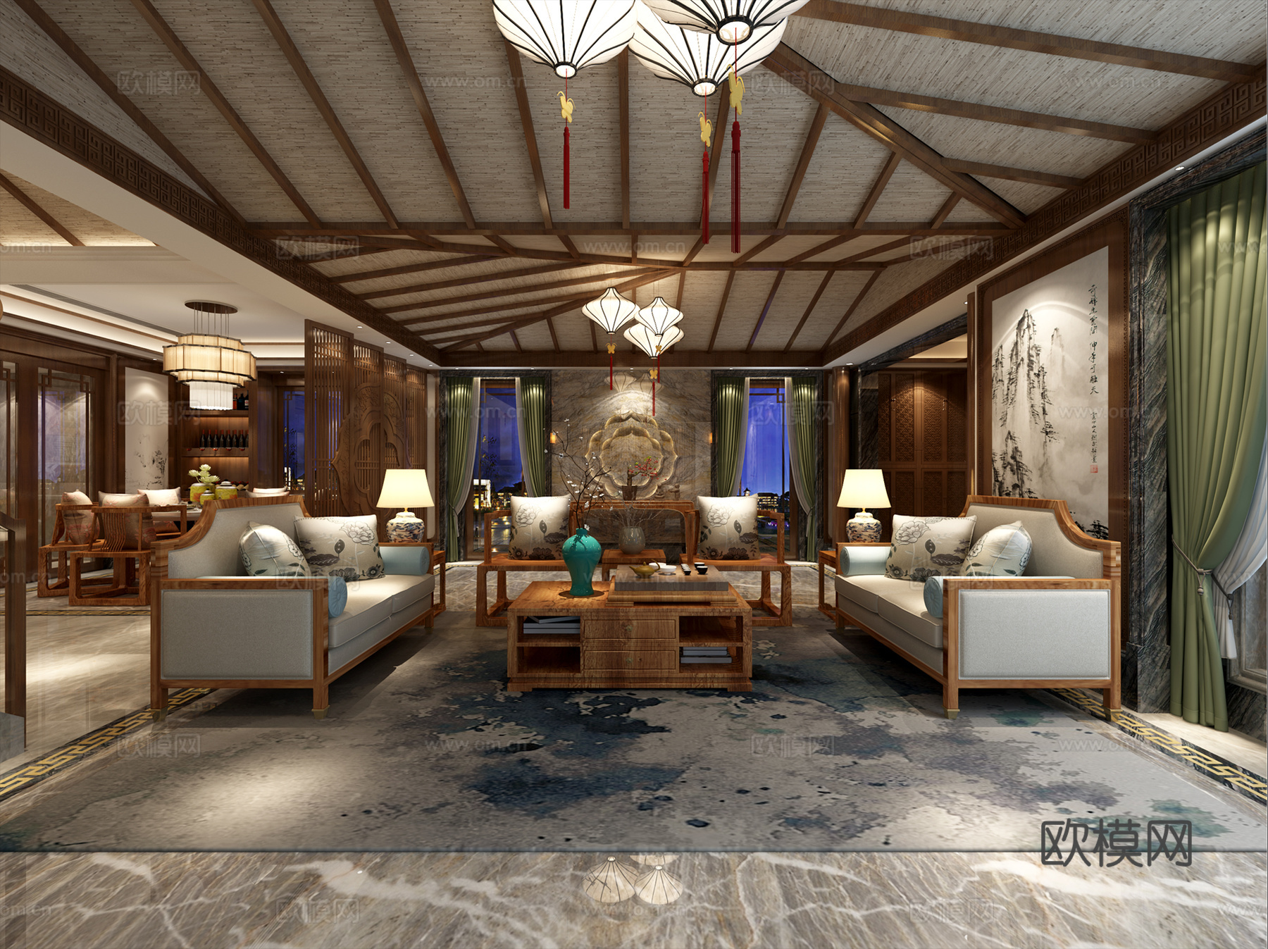 新中式客厅餐厅 玄关 吊灯 沙发茶几 挂画3d模型