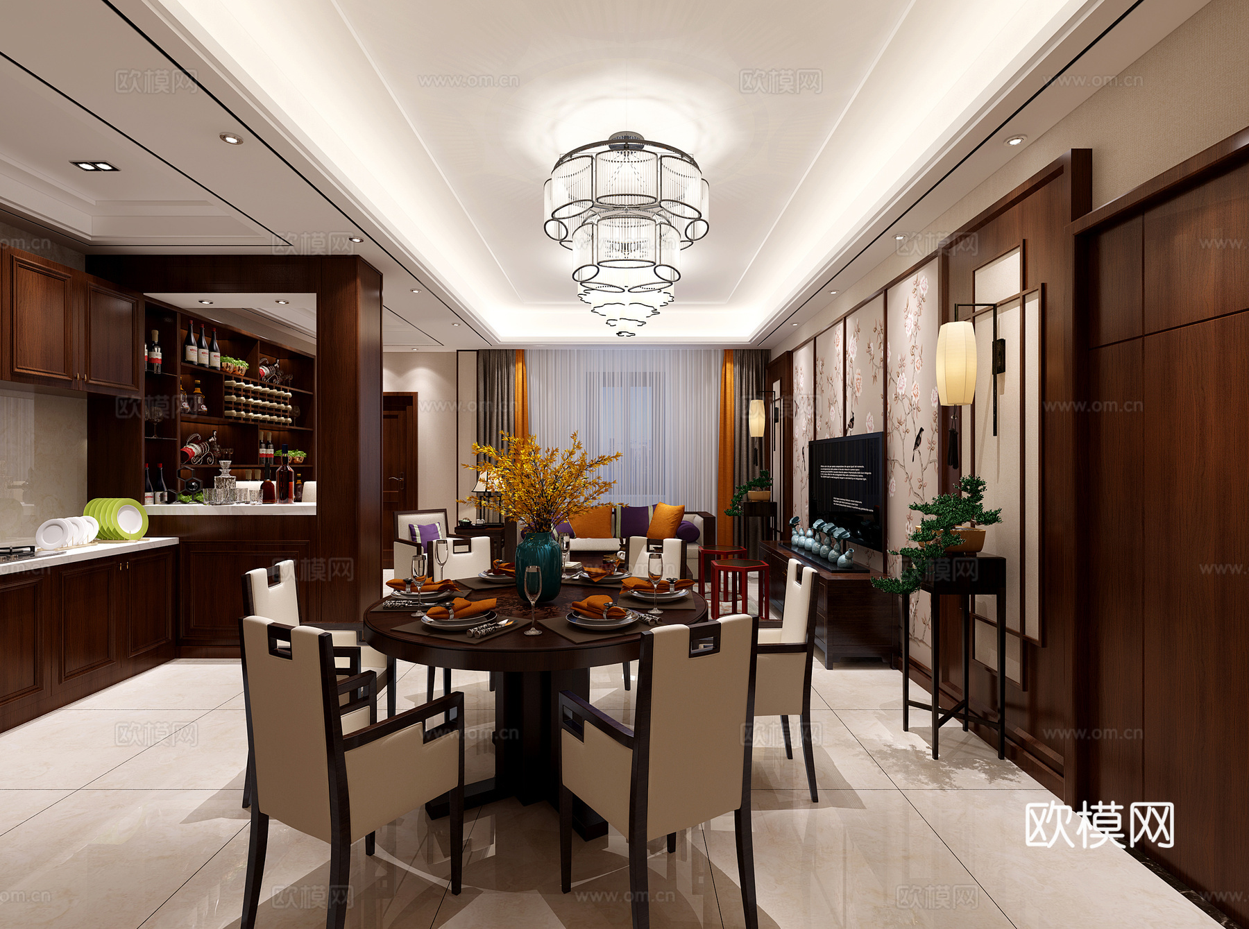 新中式客餐厅 餐桌椅 沙发茶几 吊灯 桌面摆件 挂画3d模型
