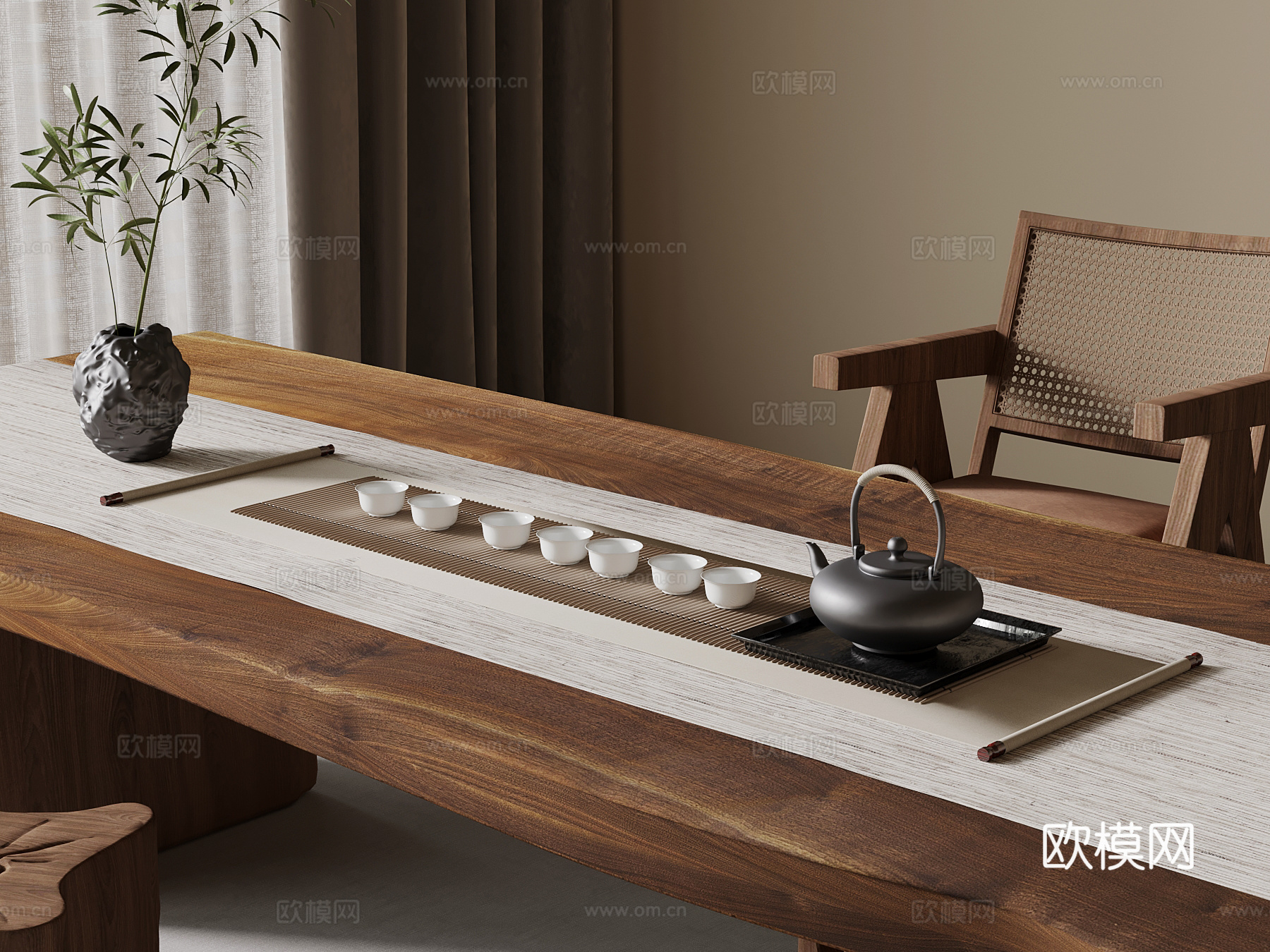 新中式茶具 茶桌椅 茶壶su模型
