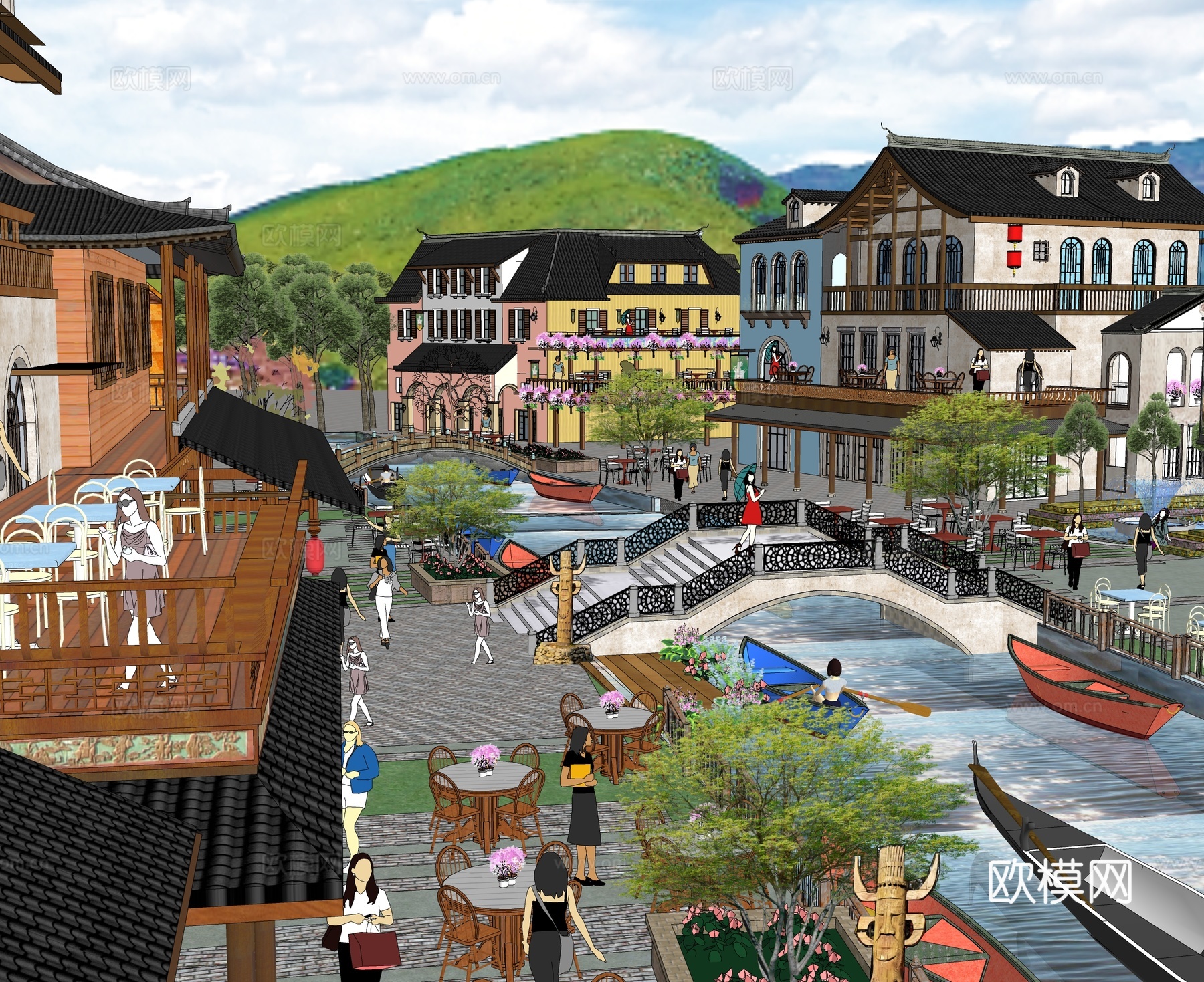 新中式中式商业街 新中式仿古建筑 古建 文旅小镇 滨水景观su模型