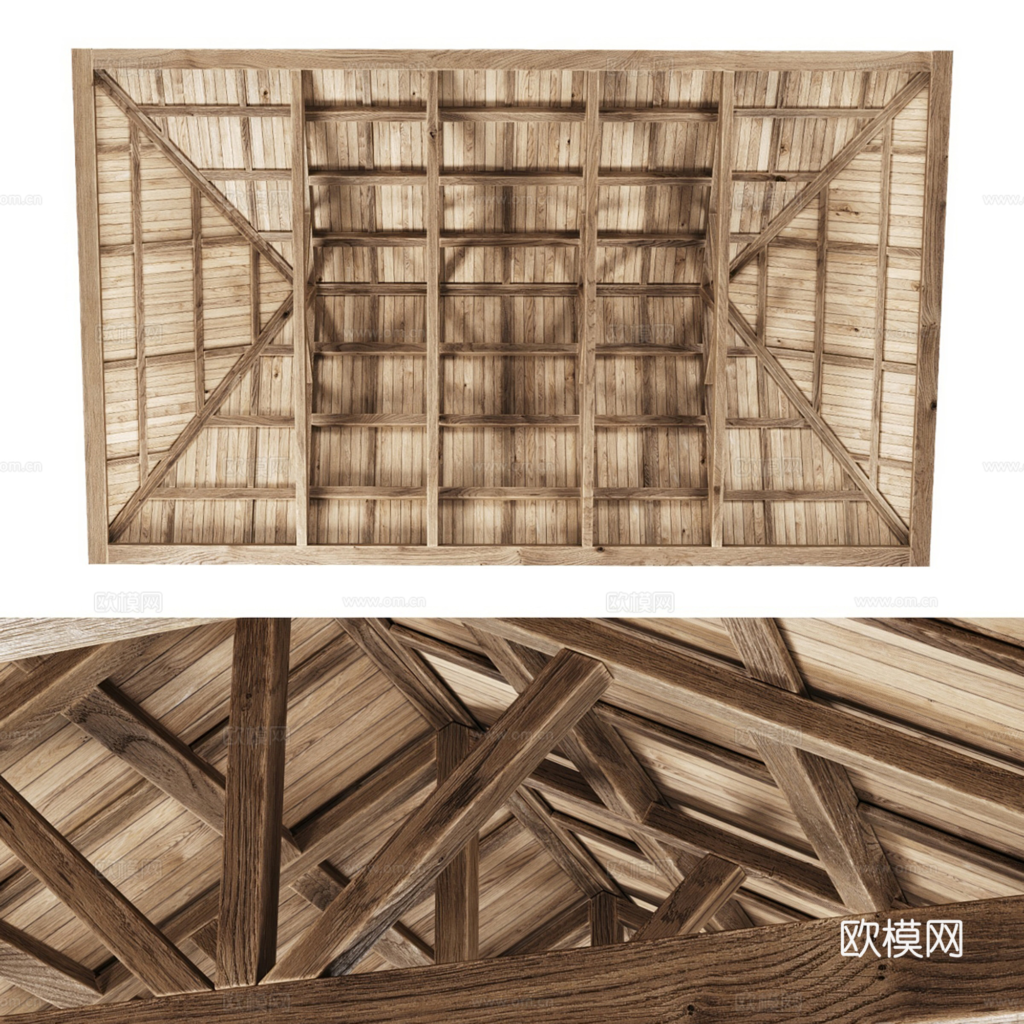 木质天花吊顶 木梁吊顶 木质斜屋吊顶木格栅吊顶su模型