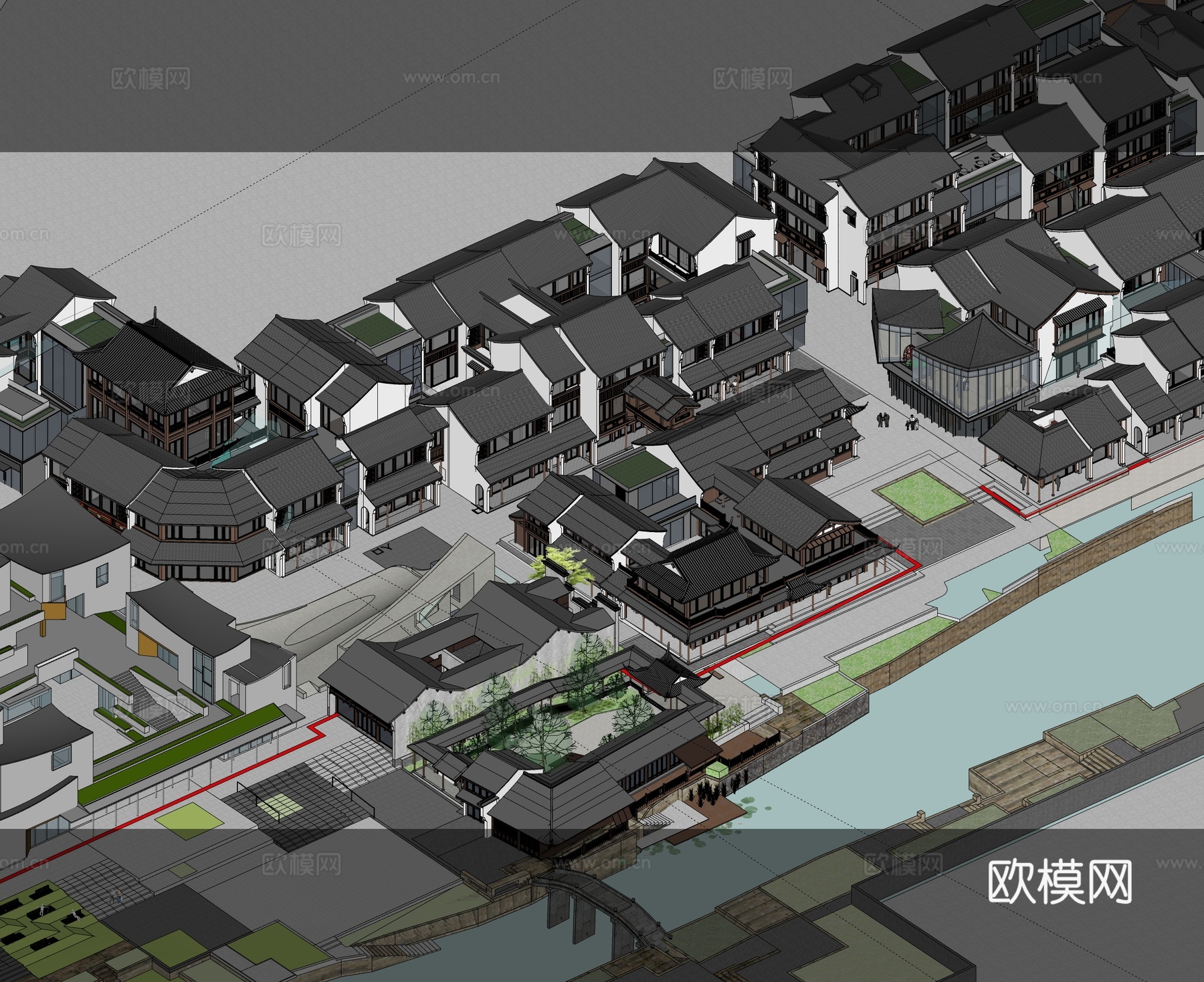 新中式中式商业街 新中式仿古商业街 古建su模型