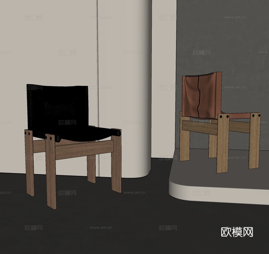 中古风餐椅 复古风椅子 侘寂风单椅 实木皮椅子su模型