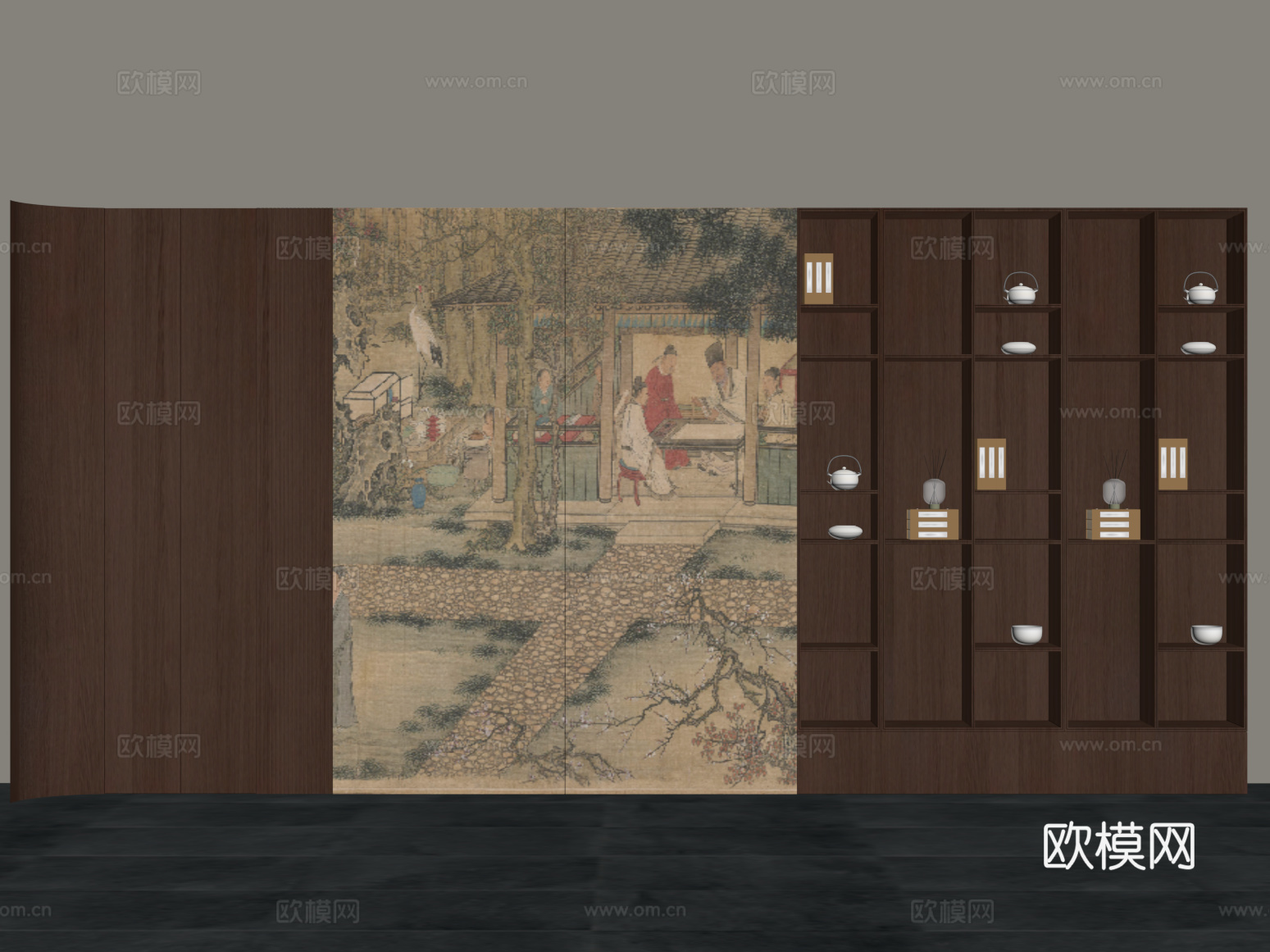 茶柜 新中式茶柜 茶室背景墙su模型