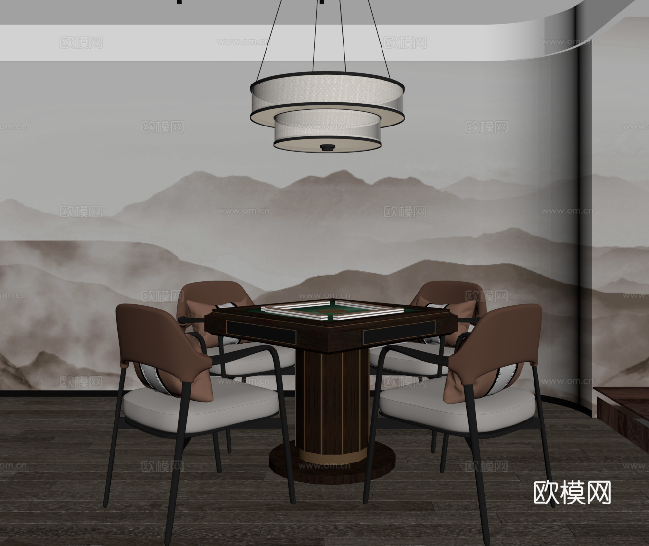 新中式棋牌室 麻将室 麻将桌su模型