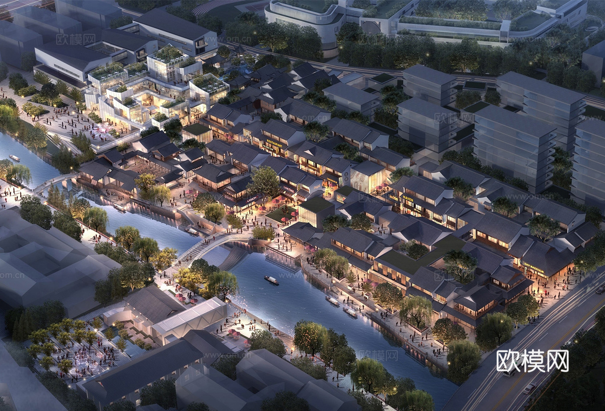 新中式中式商业街 新中式仿古商业街 古建su模型