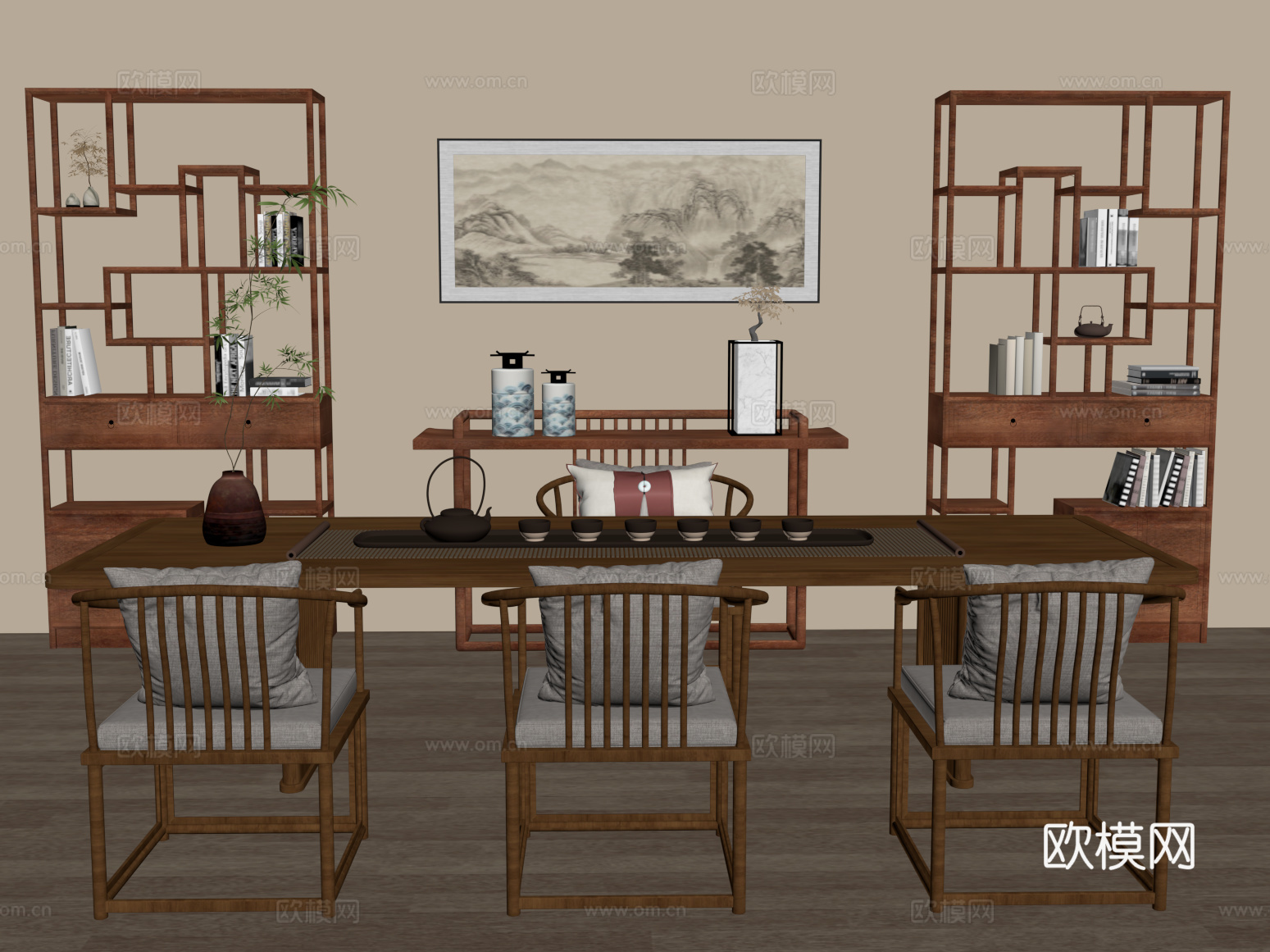新中式茶室 实木茶桌椅 博古架 茶具su模型
