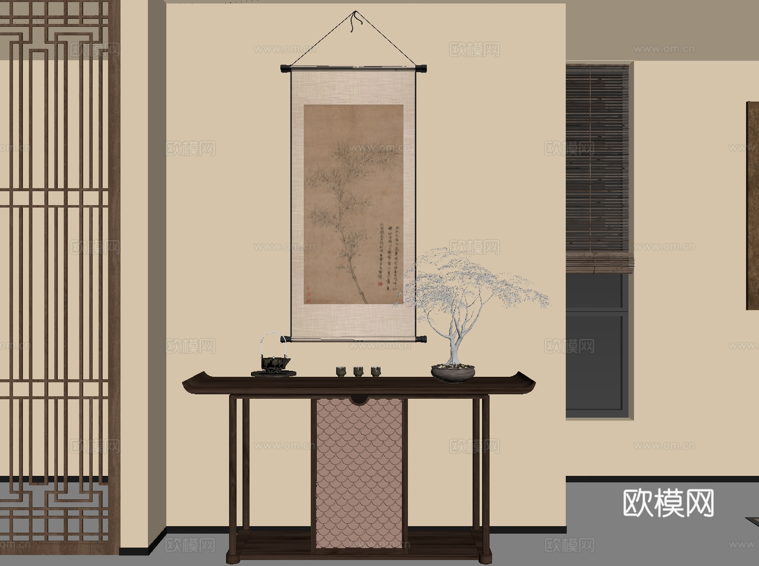新中式玄关 端景台 装饰画su模型
