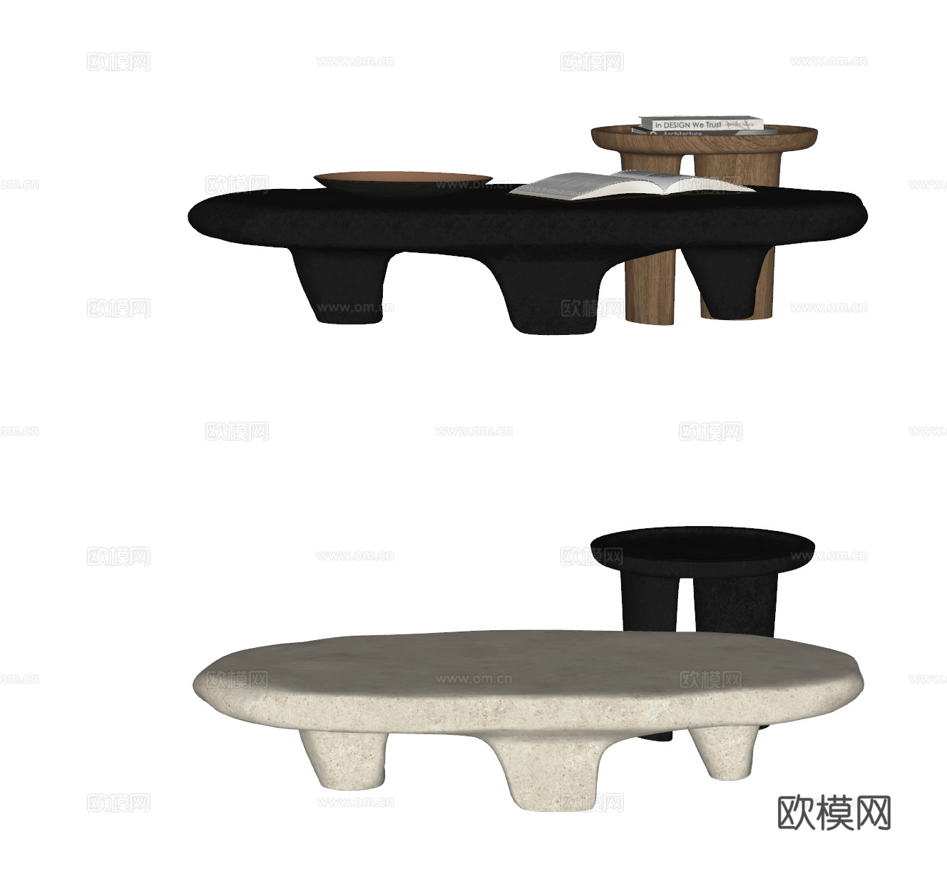 现代 侘寂风 茶几组合 异形茶几 石材茶几  茶几摆件su模型