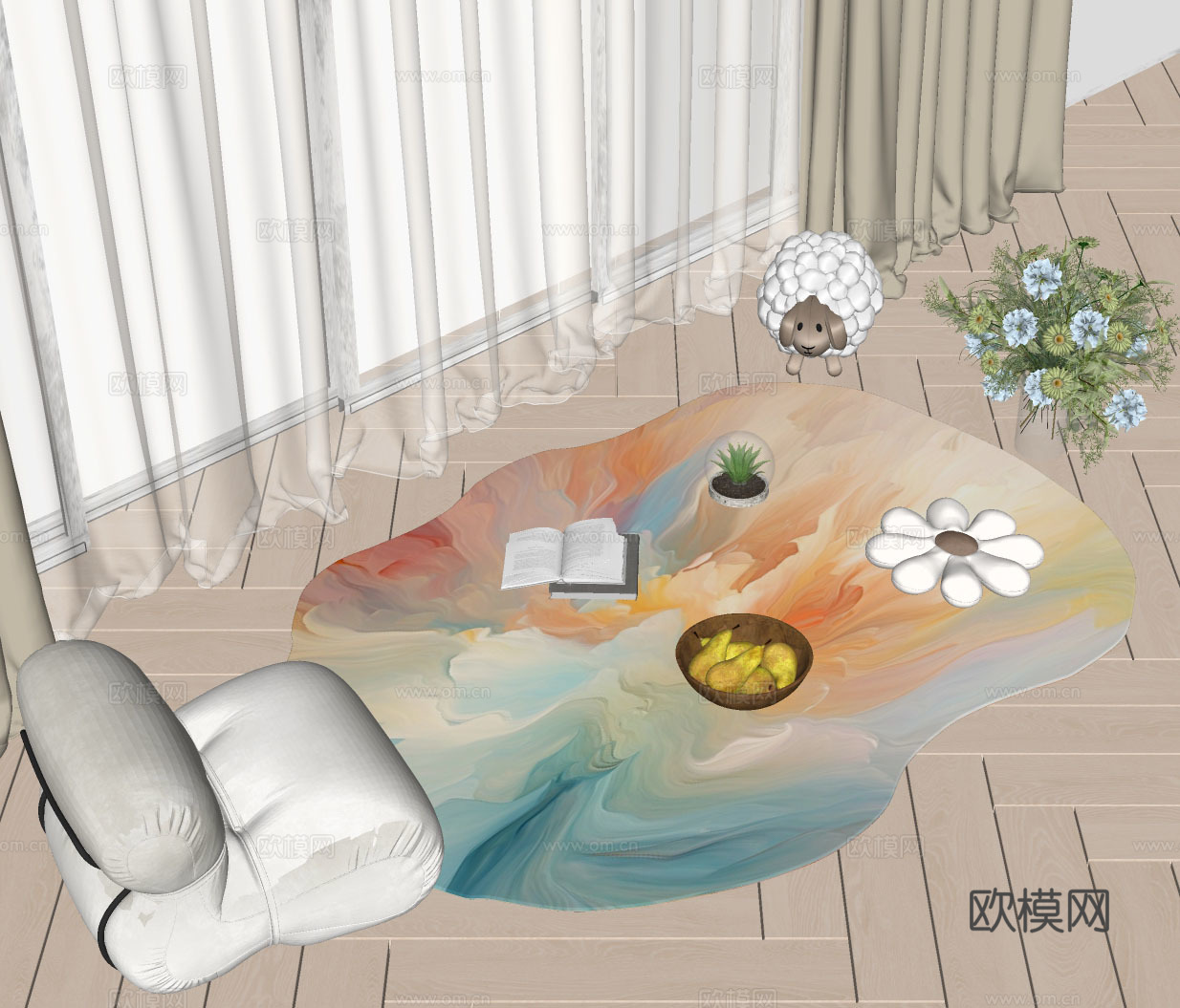 现代奶油风地毯su模型