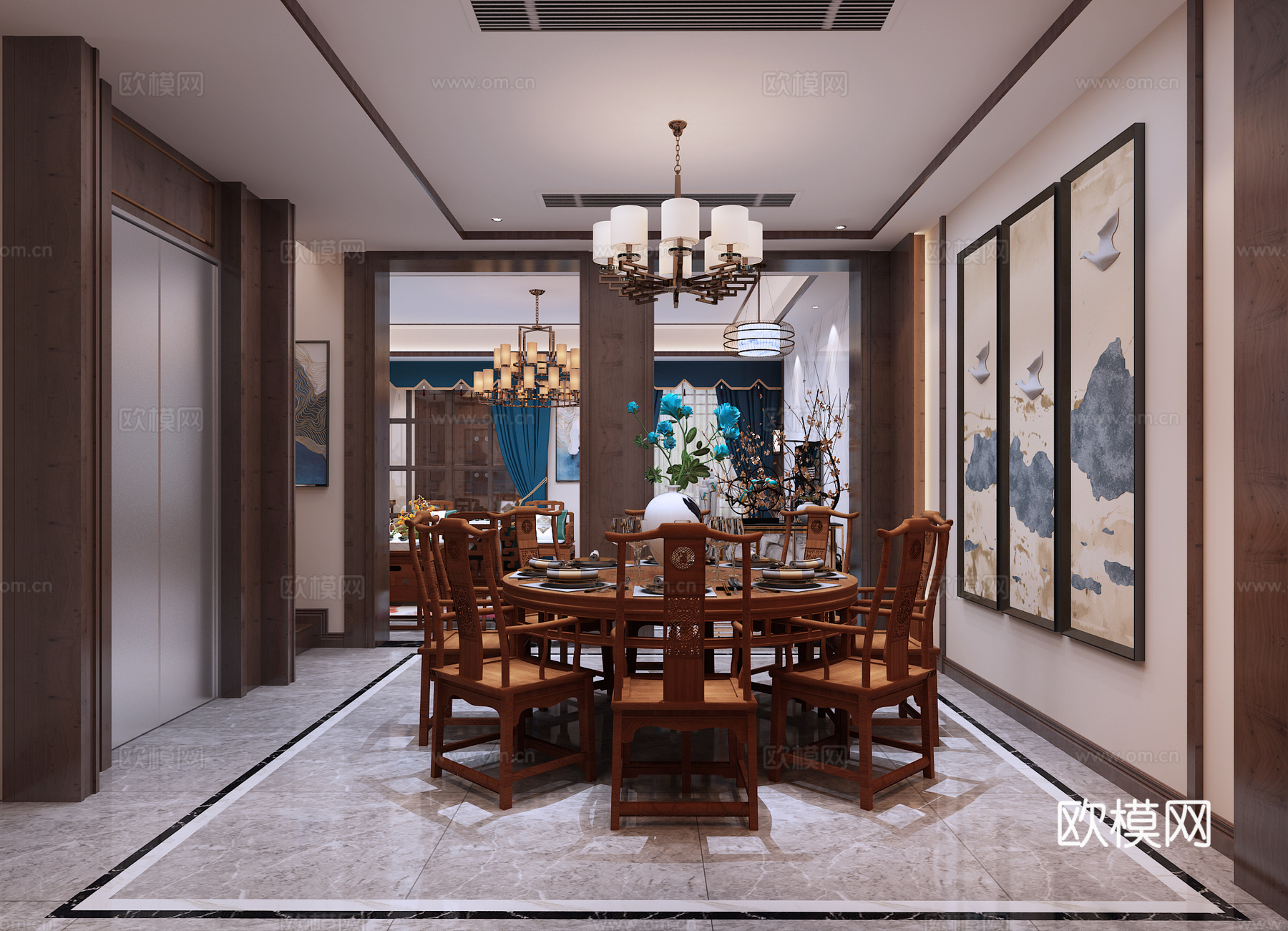 中式客厅餐厅 新中式客餐厅沙发 餐桌椅 窗帘3d模型