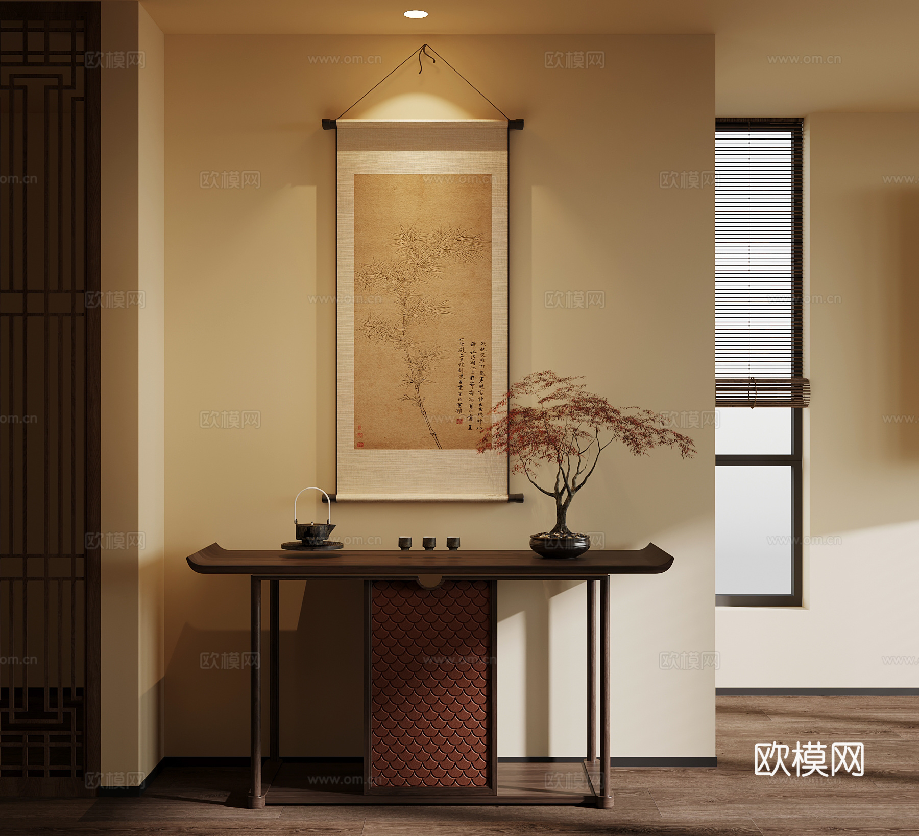 新中式玄关 端景台 装饰画3d模型