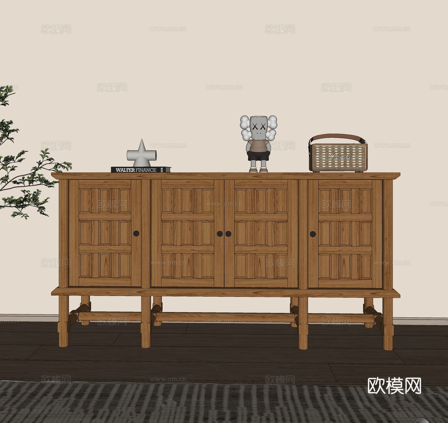 法式储物柜 复古边柜 原木风玄关柜 实木边柜 侘寂风餐边柜su模型