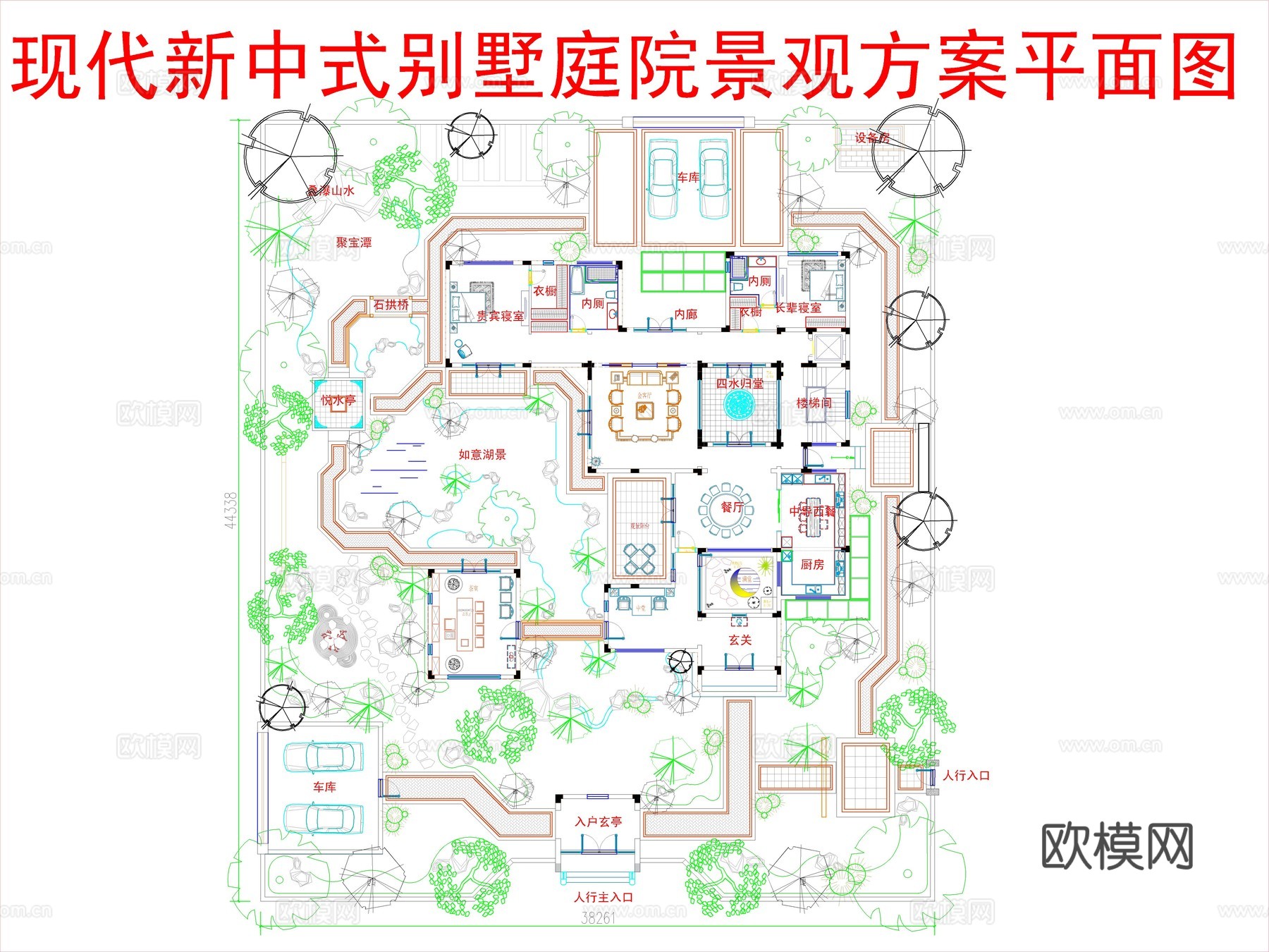 现代新中式别墅庭院景观方案平面图cad施工图