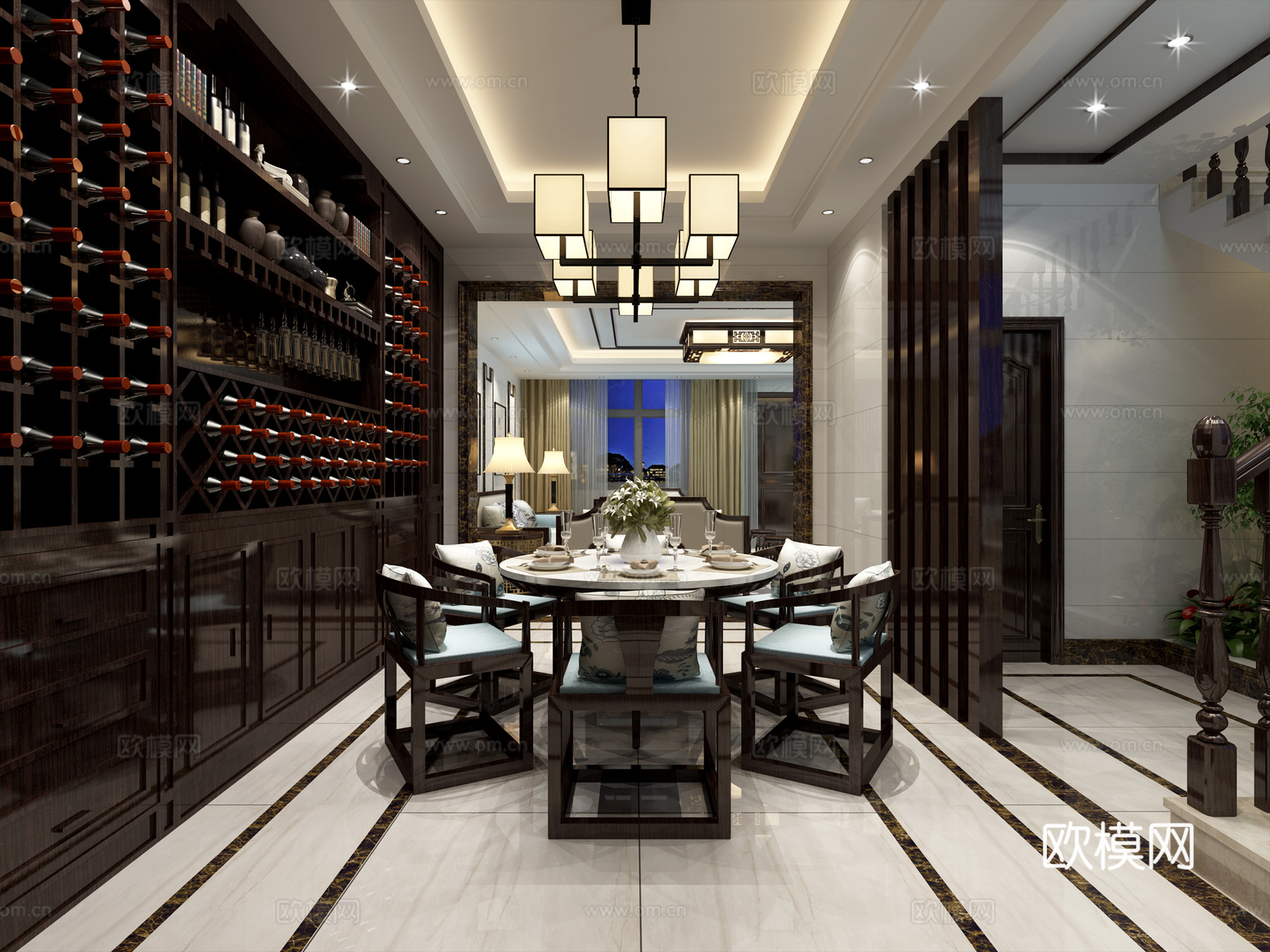 新中式客厅 餐厅 吊灯 餐桌椅 沙发茶几3d模型