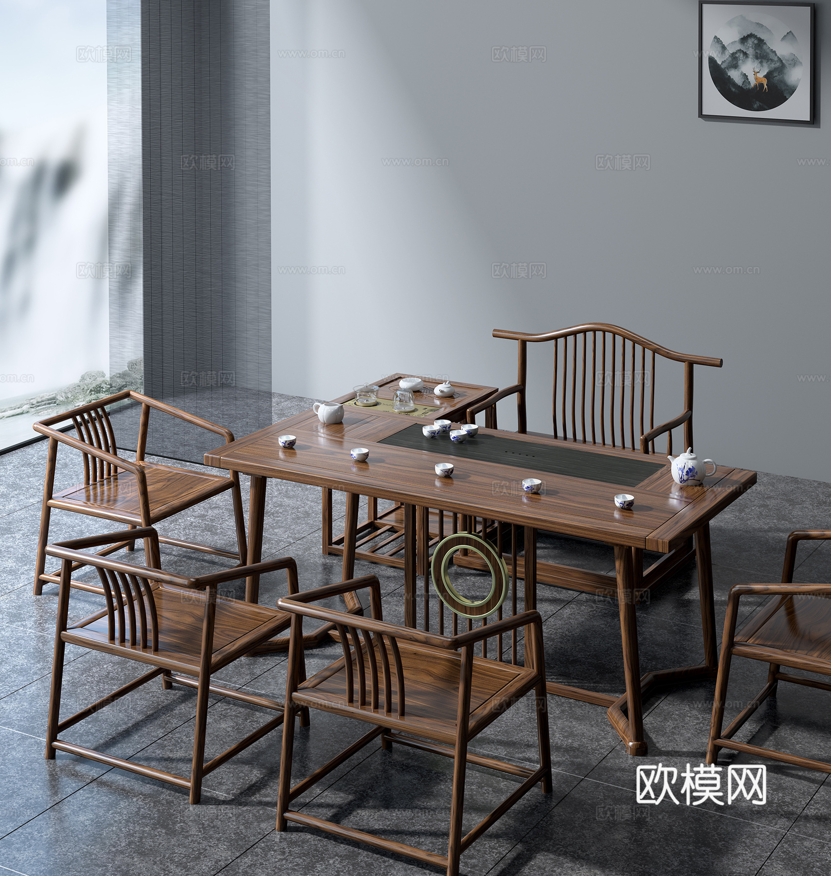 胡桃色阳台茶桌场景3d模型
