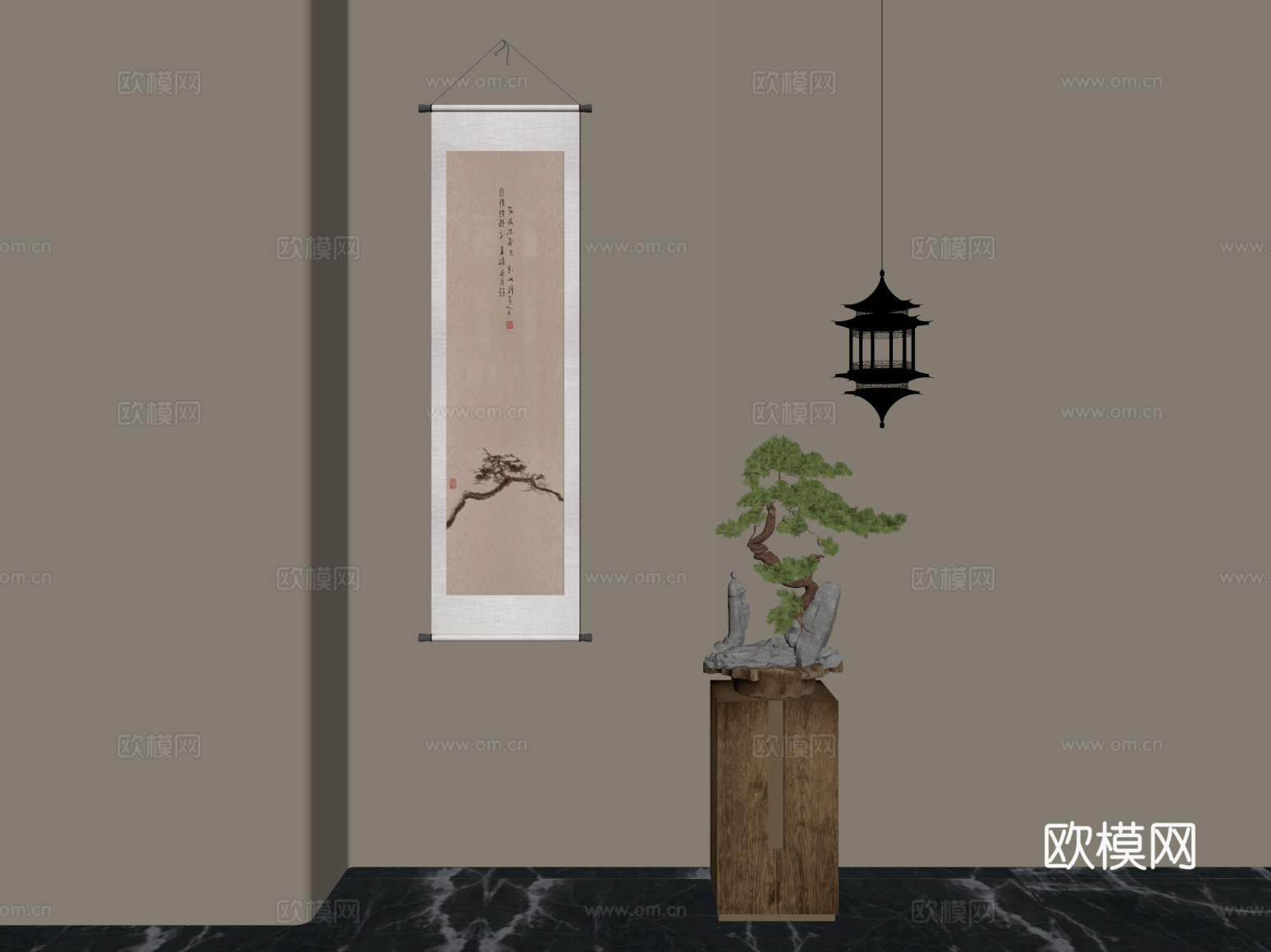 雕塑摆件 新中式雕塑摆件 松树盆景 吊灯 挂画su模型