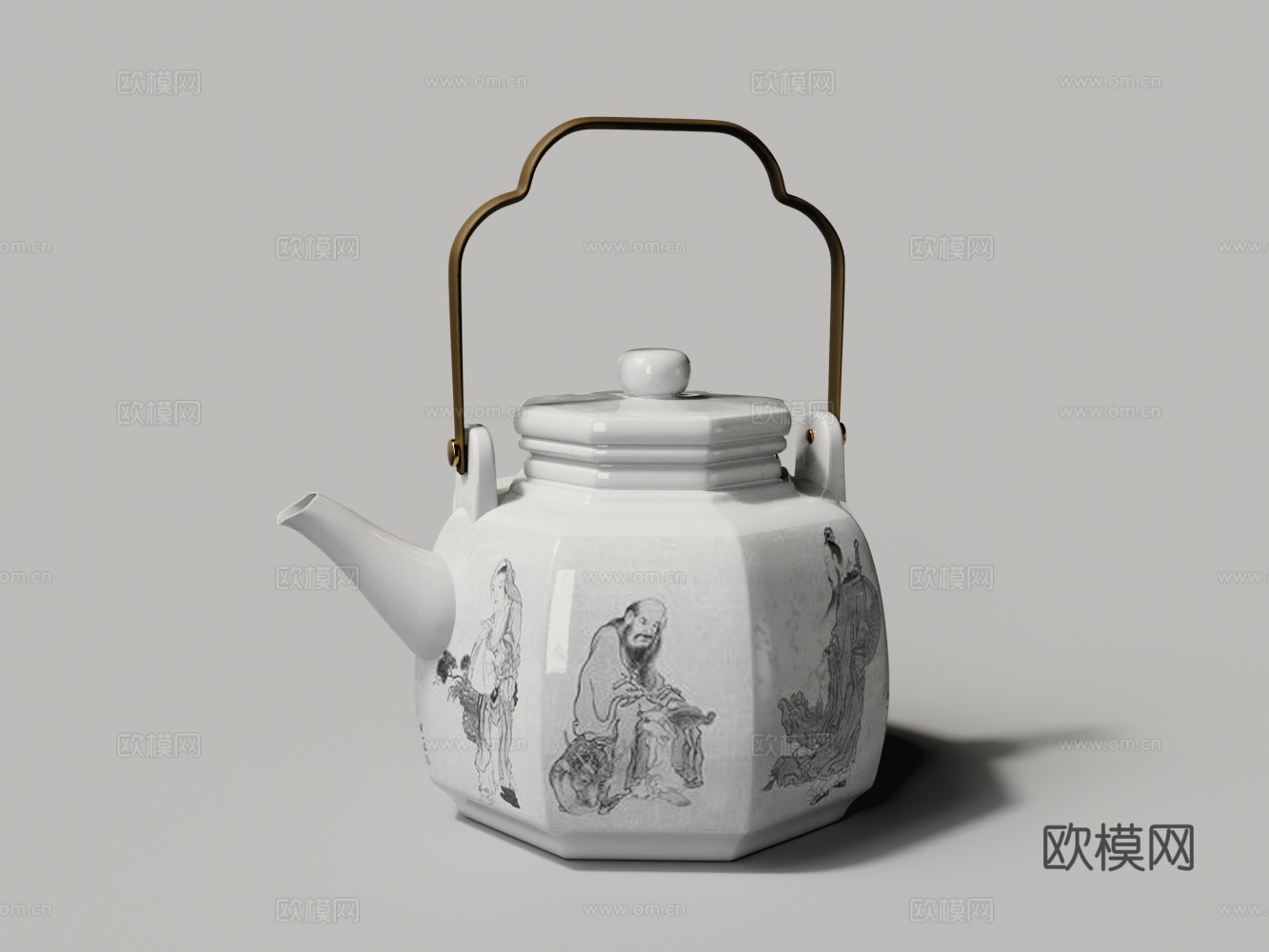 中式 八仙过海 八角壶 白瓷壶 茶壶 陶瓷茶具3d模型