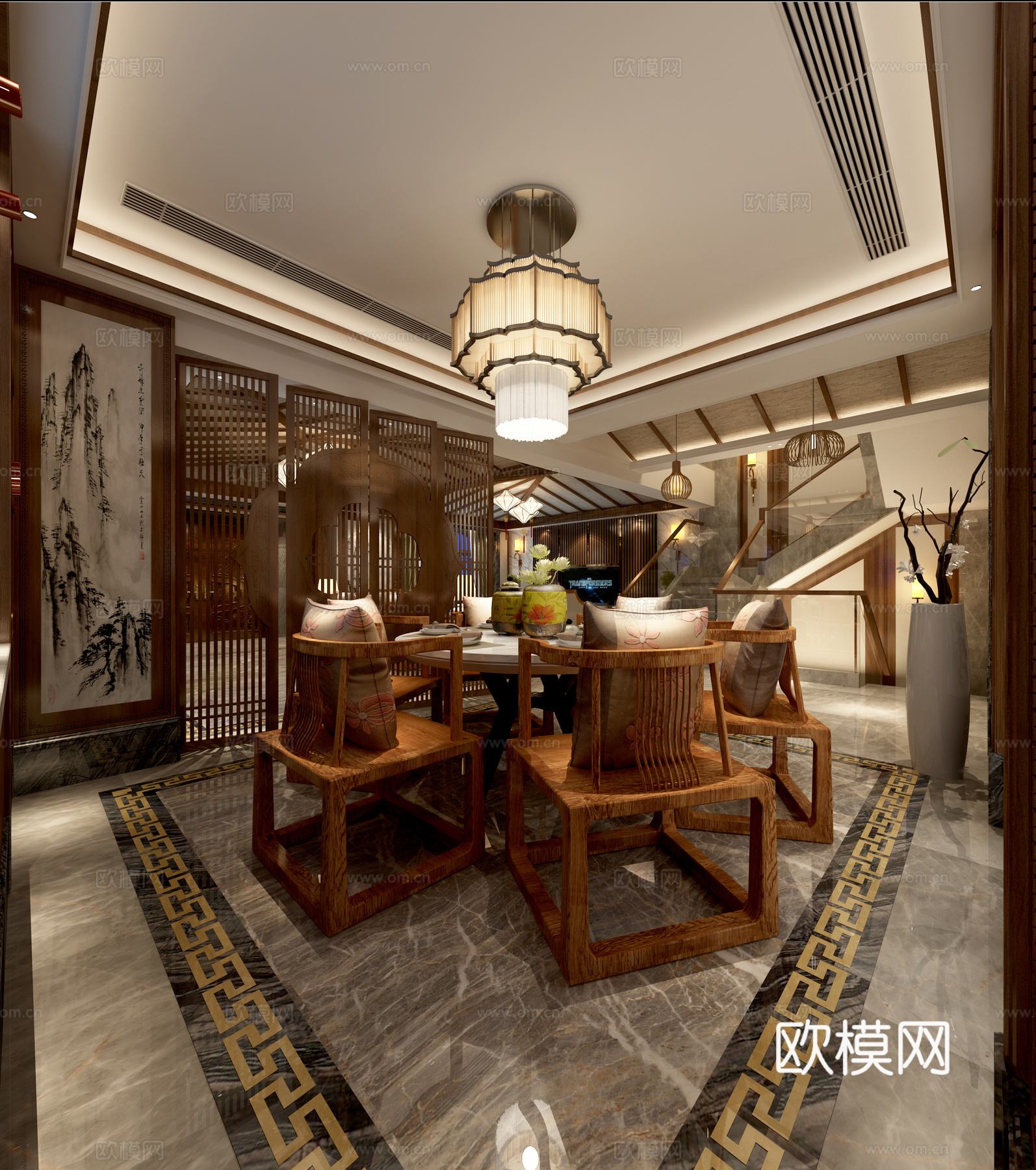 新中式客厅餐厅 玄关 吊灯 沙发茶几 挂画3d模型