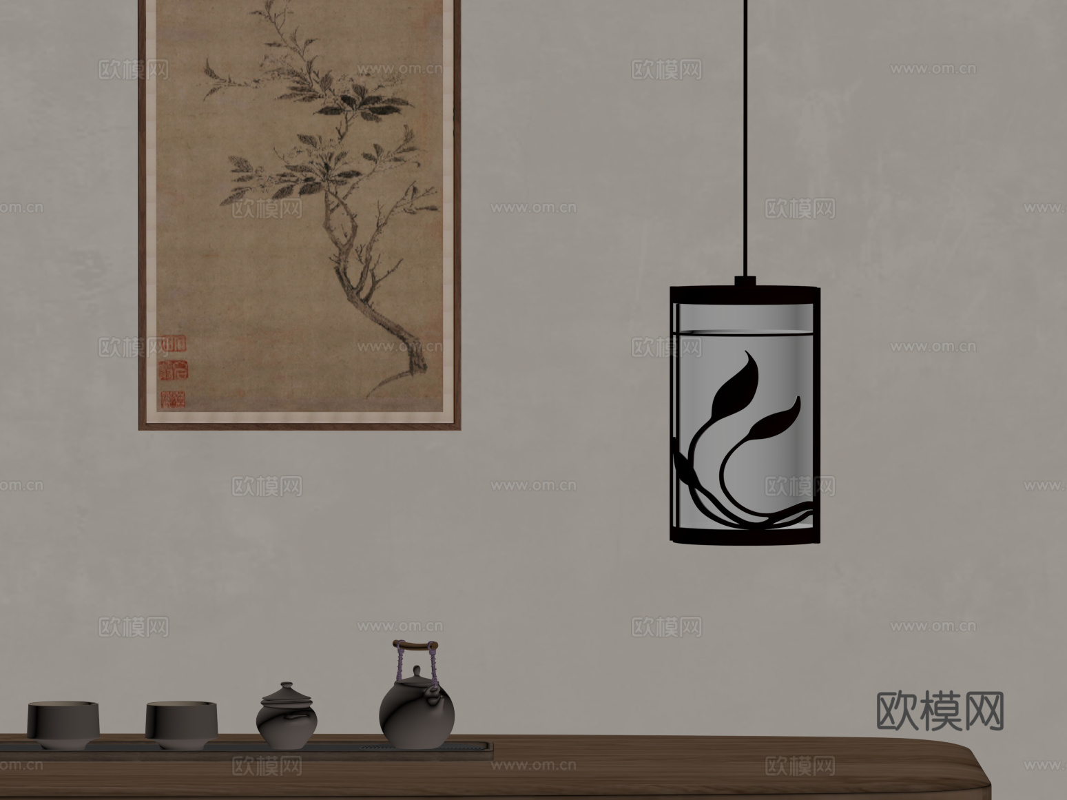 新中式吊灯 装饰画 茶具su模型
